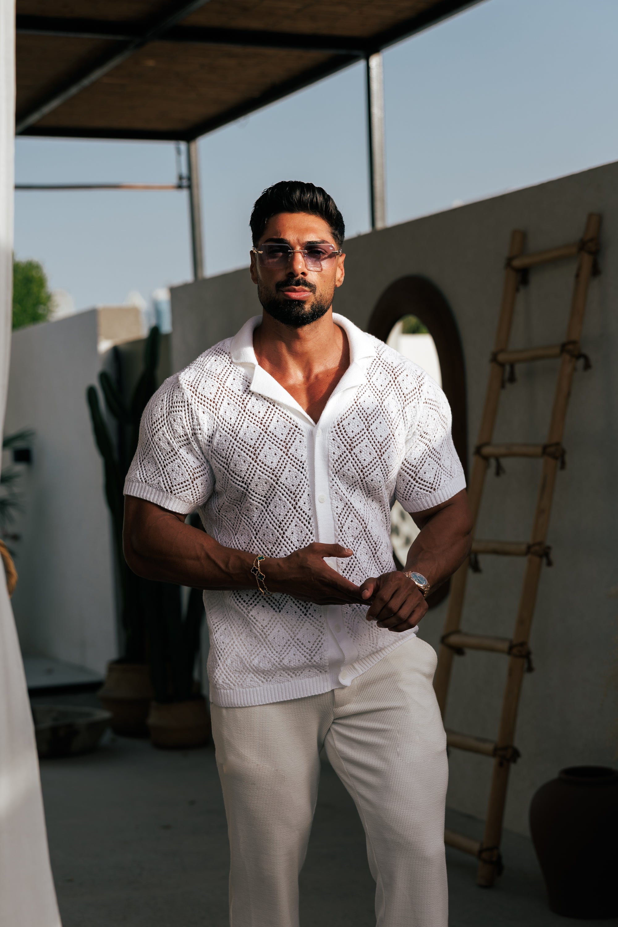 Crochet Shirt White Short Sleeve - FSJ075