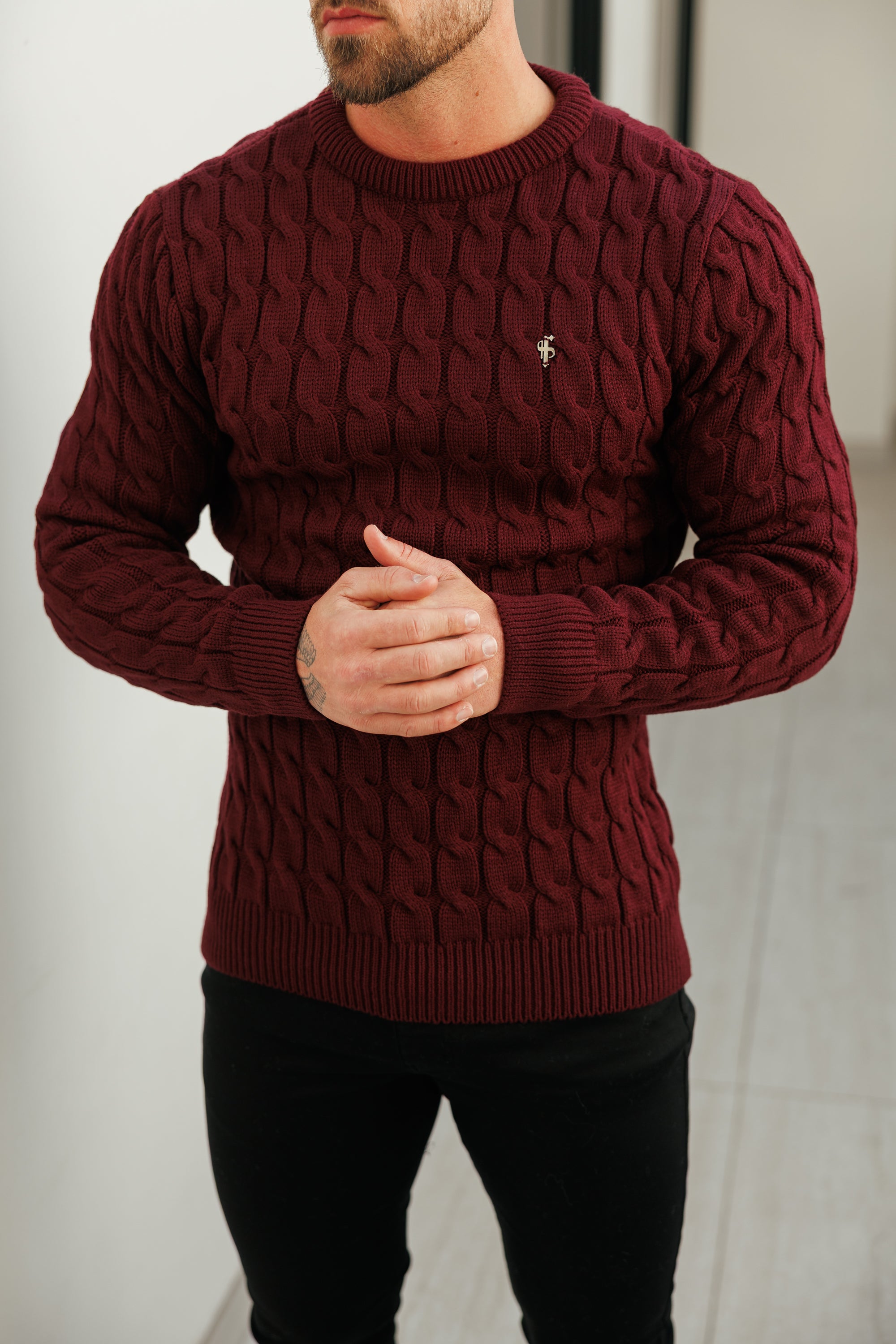 Link Weave Knit Wine Crew Neck Jumper - FSJ131