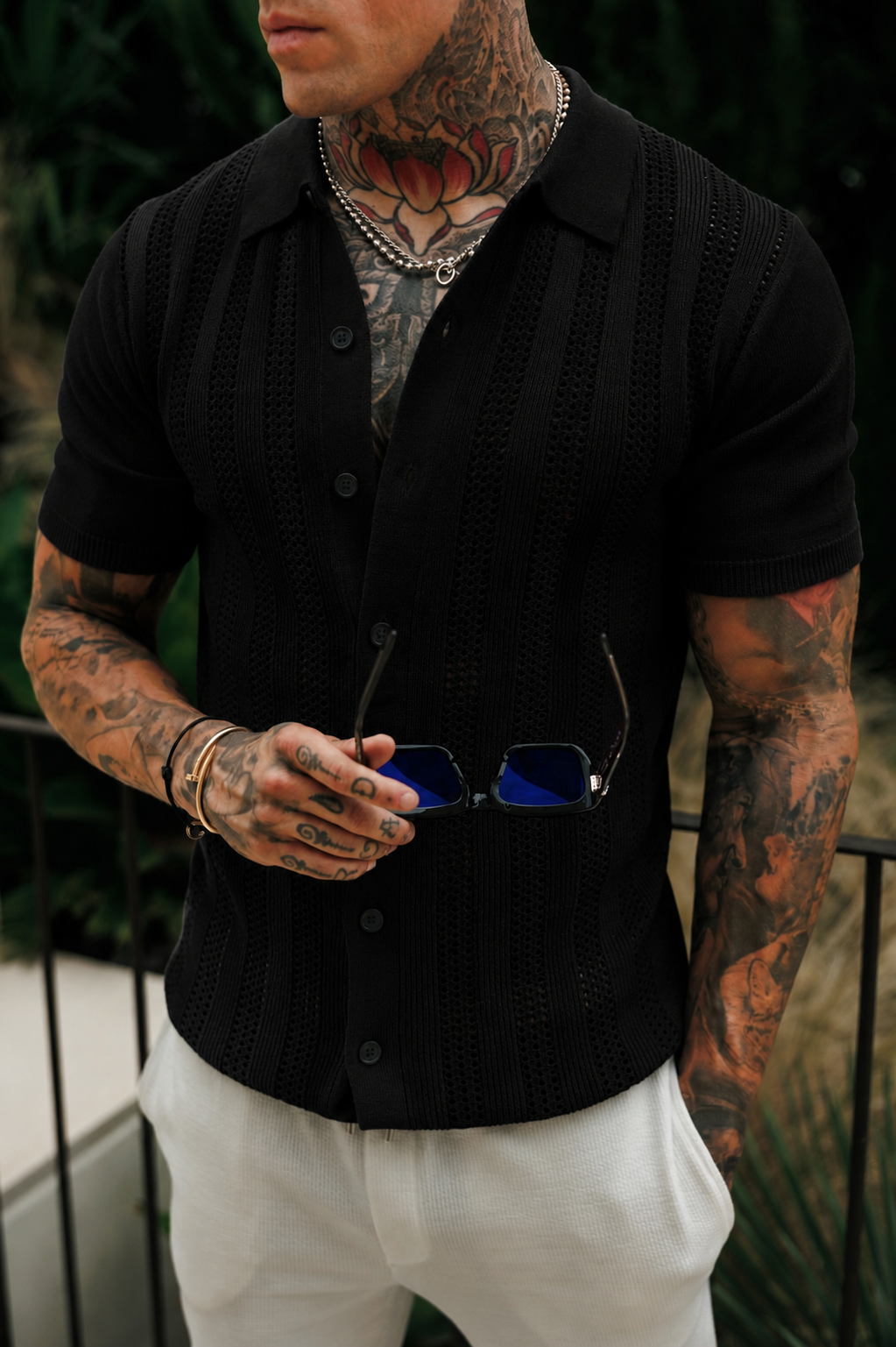 Black Stripe Perforated Shirt Short Sleeve -  FSA019 (PRE ORDER 31ST AUGUST)
