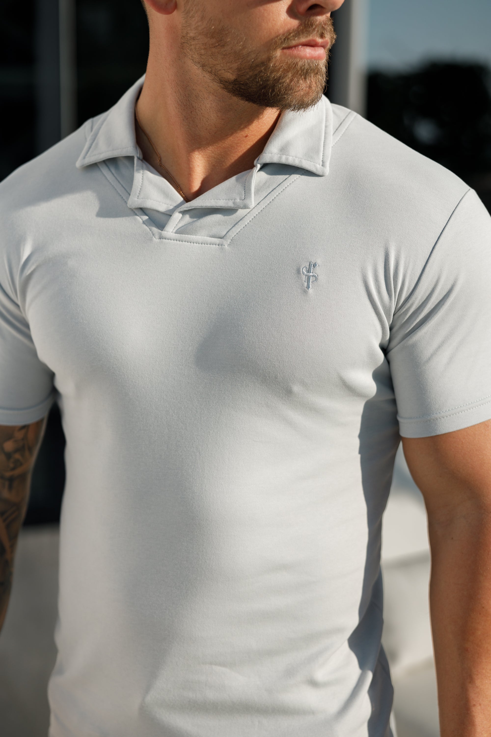 Classic Light Grey Polo Shirt With Revere Collar - FSH1063