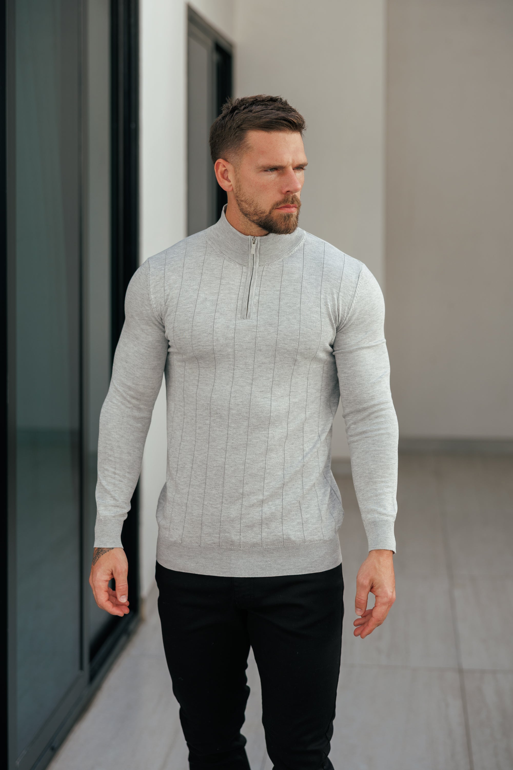 Self Stripe 1/4 Zip Funnel Neck Knit Jumper Silver Grey Long Sleeve  -  FSR051