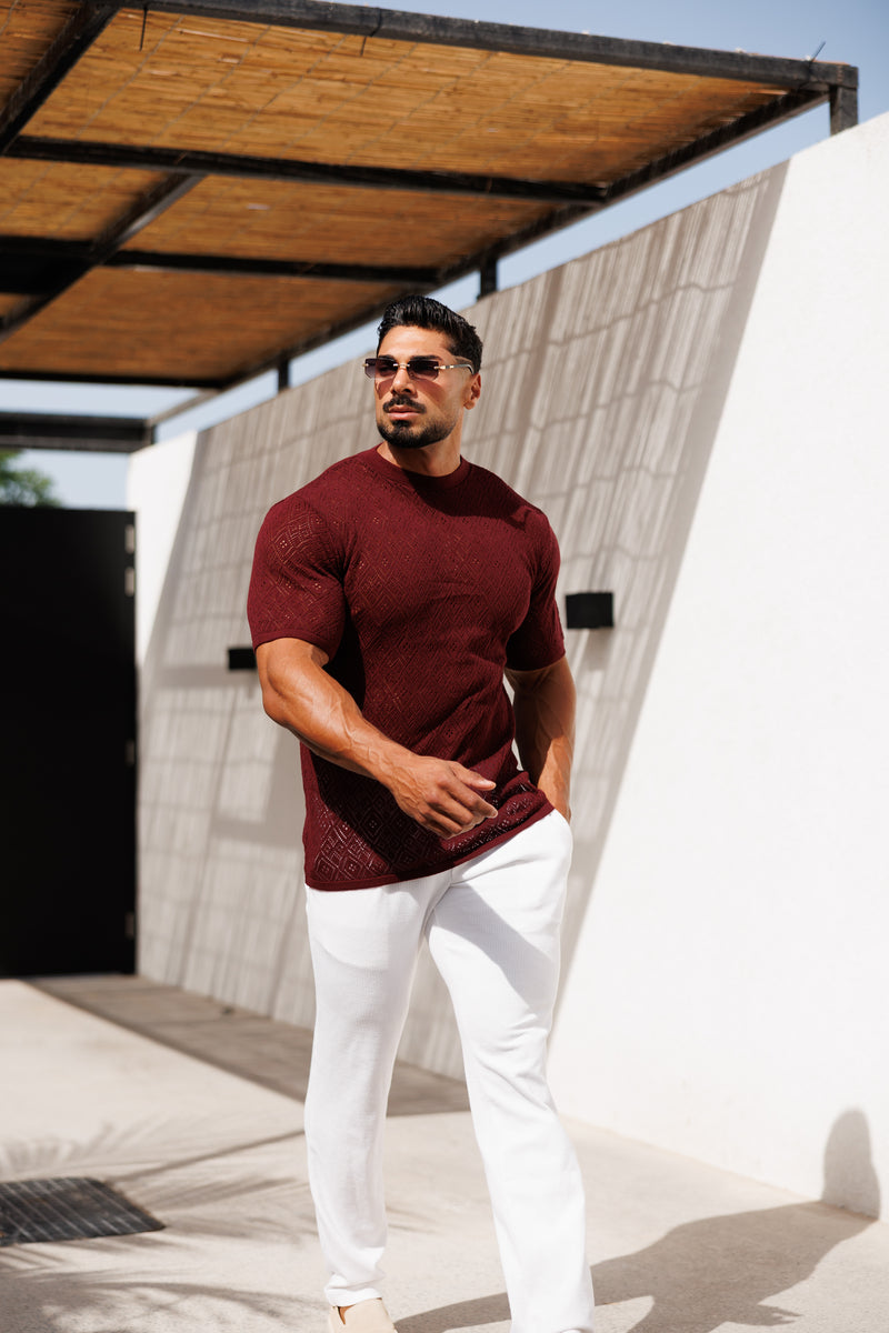 Father Sons Crochet Crew T-Shirt Burgundy Short Sleeve - FSJ089
