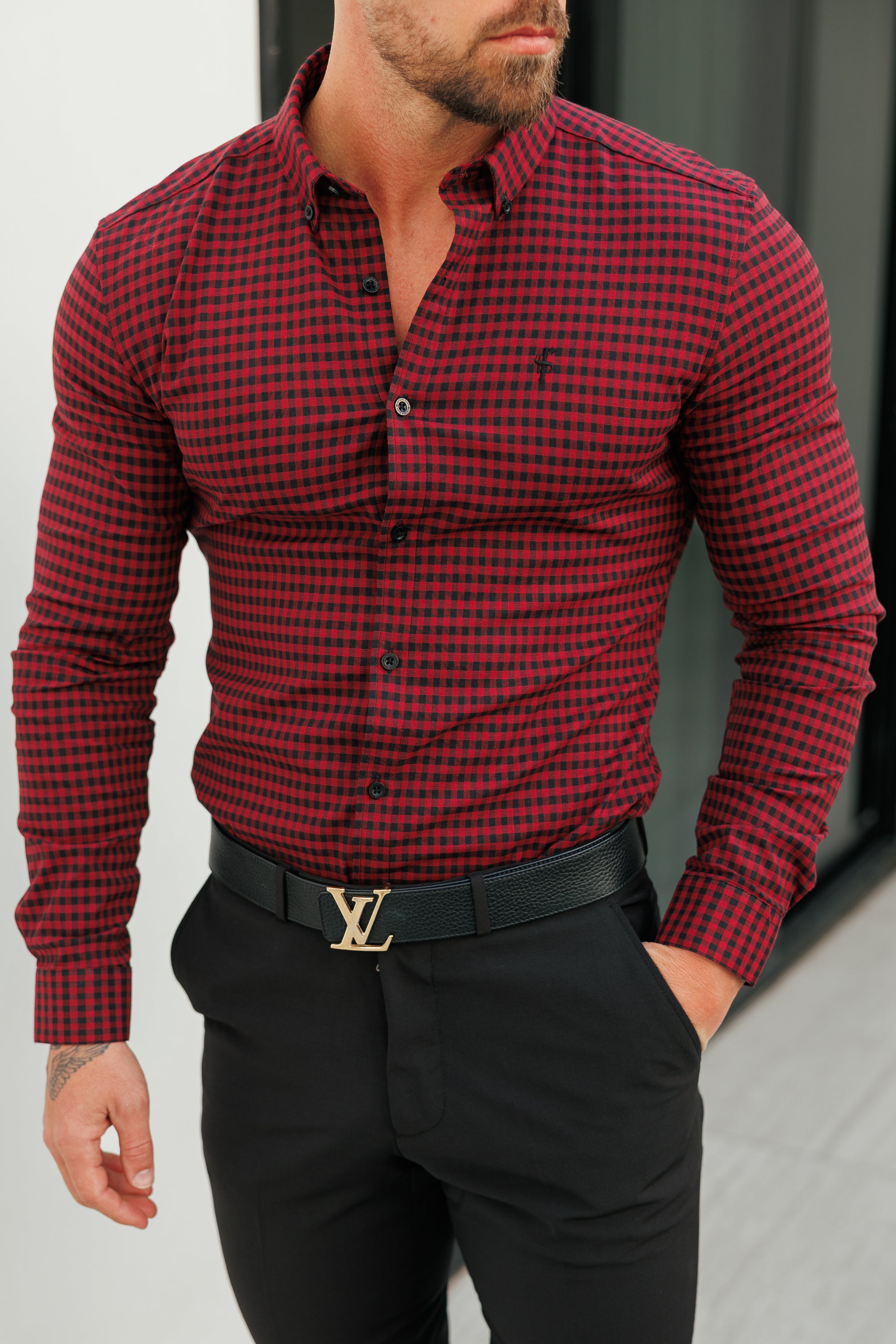 Super Slim Ultra Stretch Red & Black Check - FS473