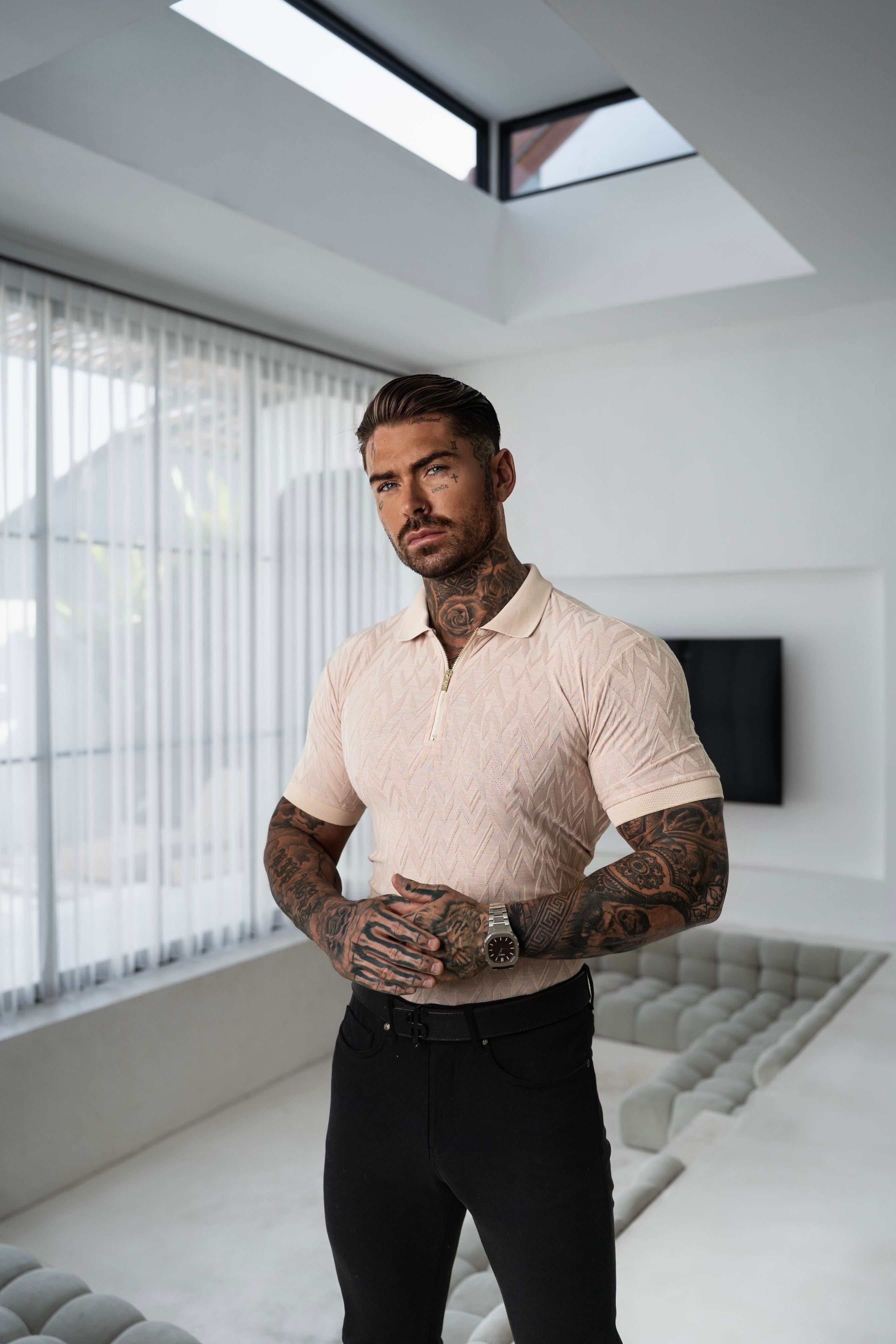 Classic Jacquard Beige Chevron Zipped Polo - FSR023