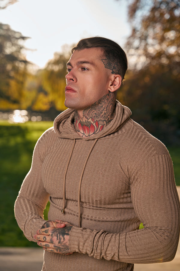 Father Sons Classic Chocolate Brown Ribbed Knit Hoodie Sweater - FSH911