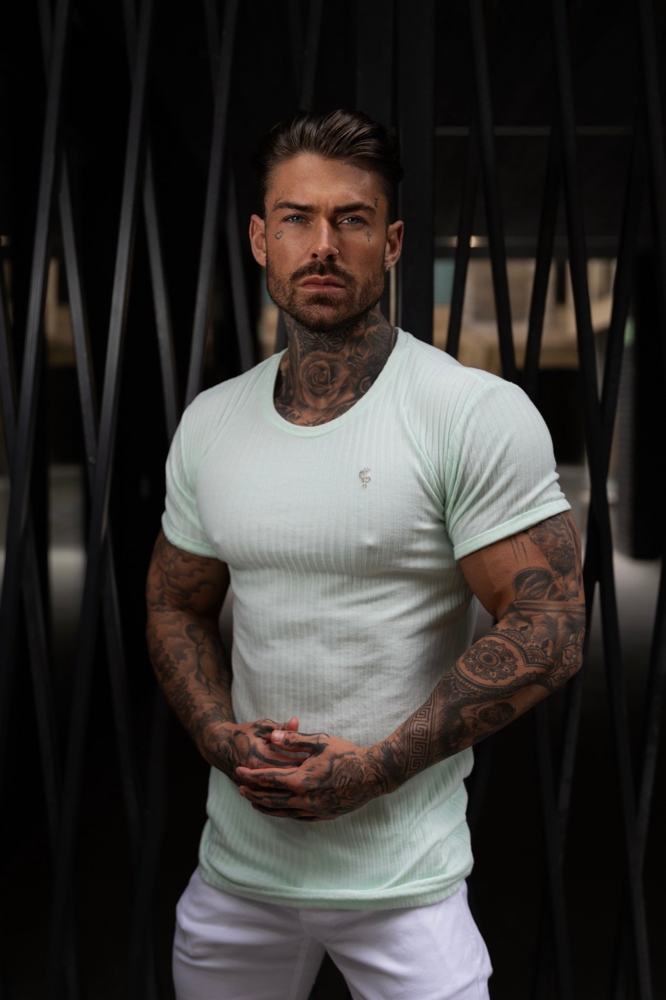 Classic Mint / Silver Ribbed Knit Super Slim Short Sleeve Crew - FSH1094