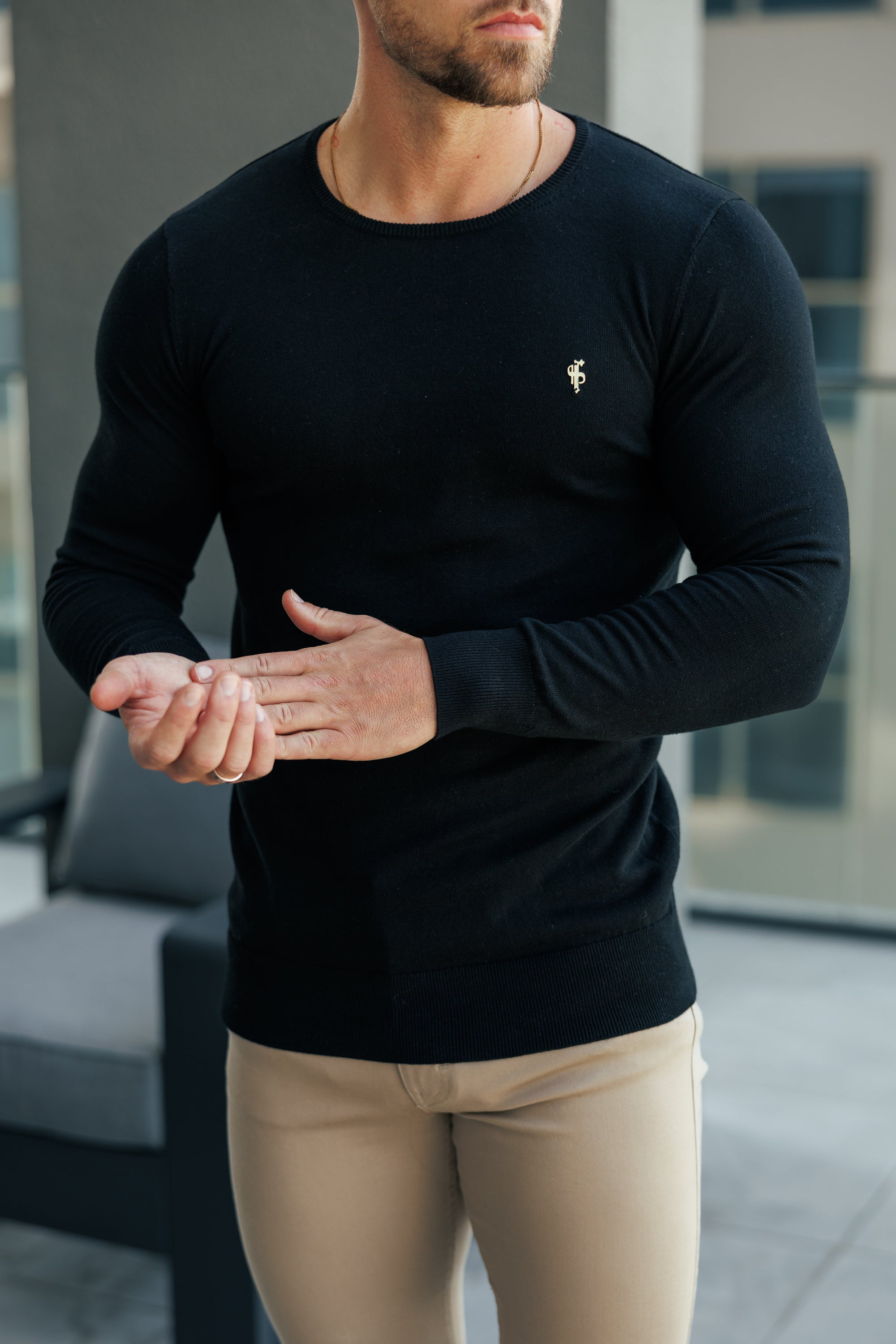 FS Black Crew Neck Knitted Jumper With FS Branding -  FSN194