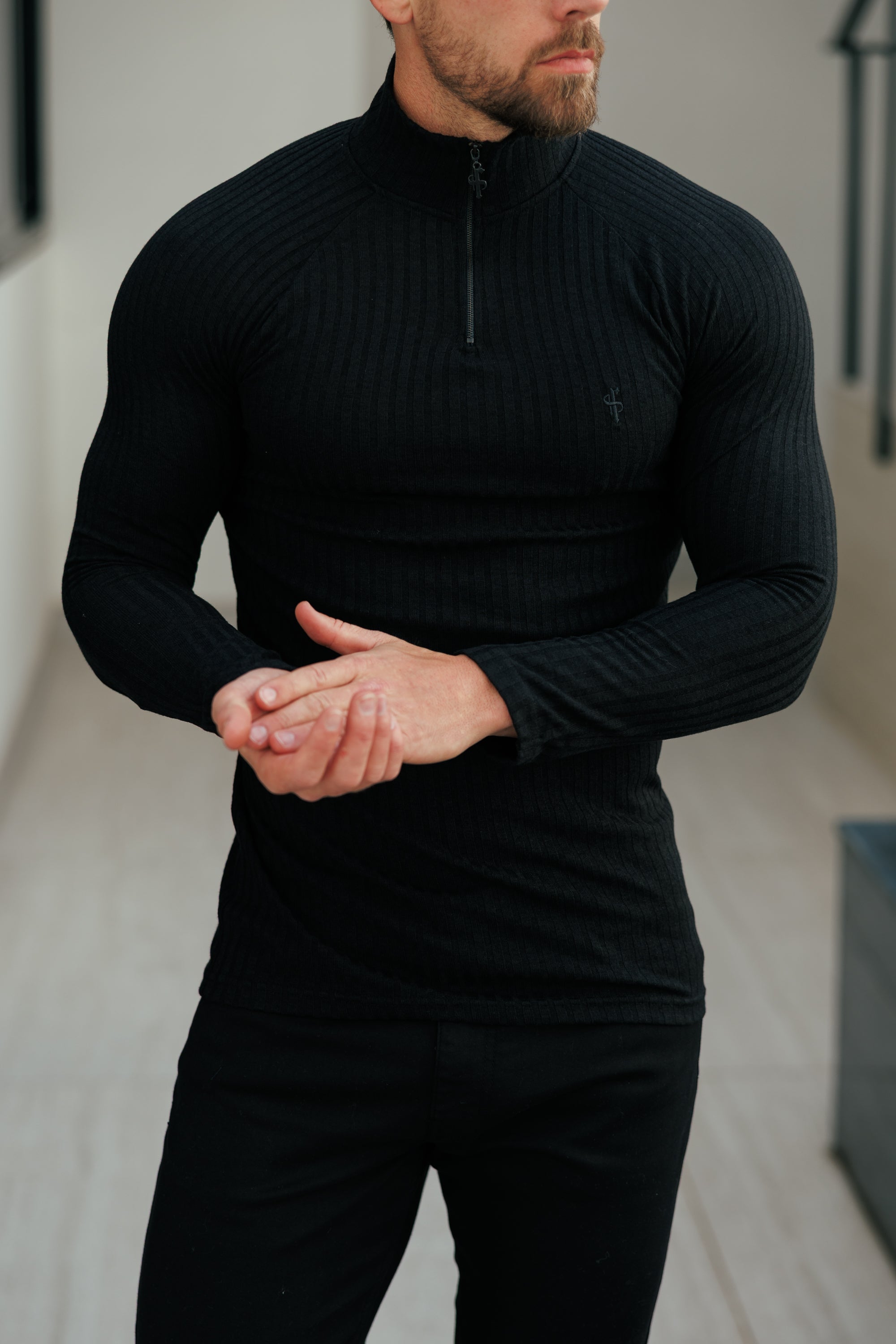 Super Slim Black Ribbed Zip Funnel Neck Raglan Long Sleeve Crew - FSH1265