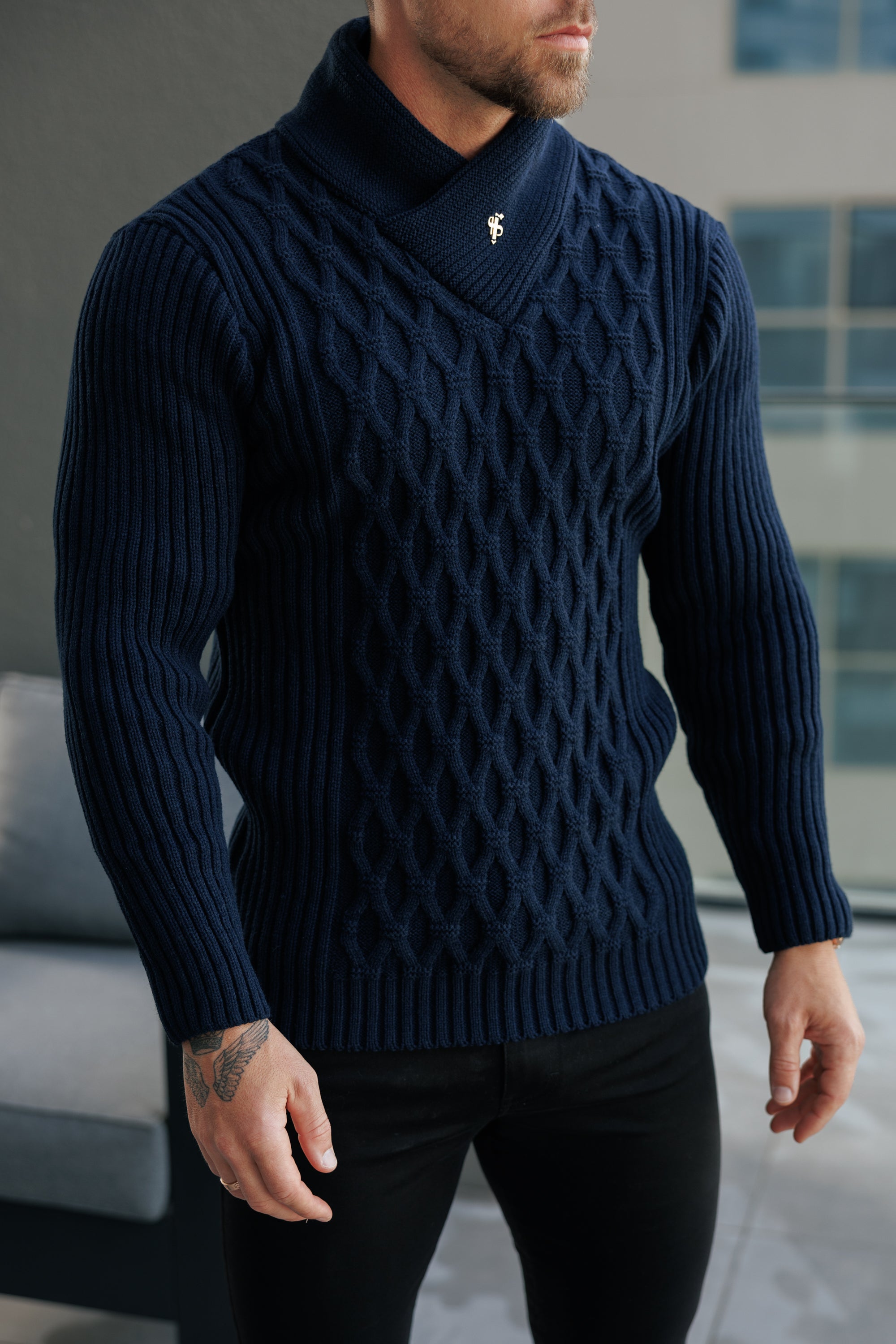 Father Sons Chunky Cable Knit Navy Sweater-  FSJ060