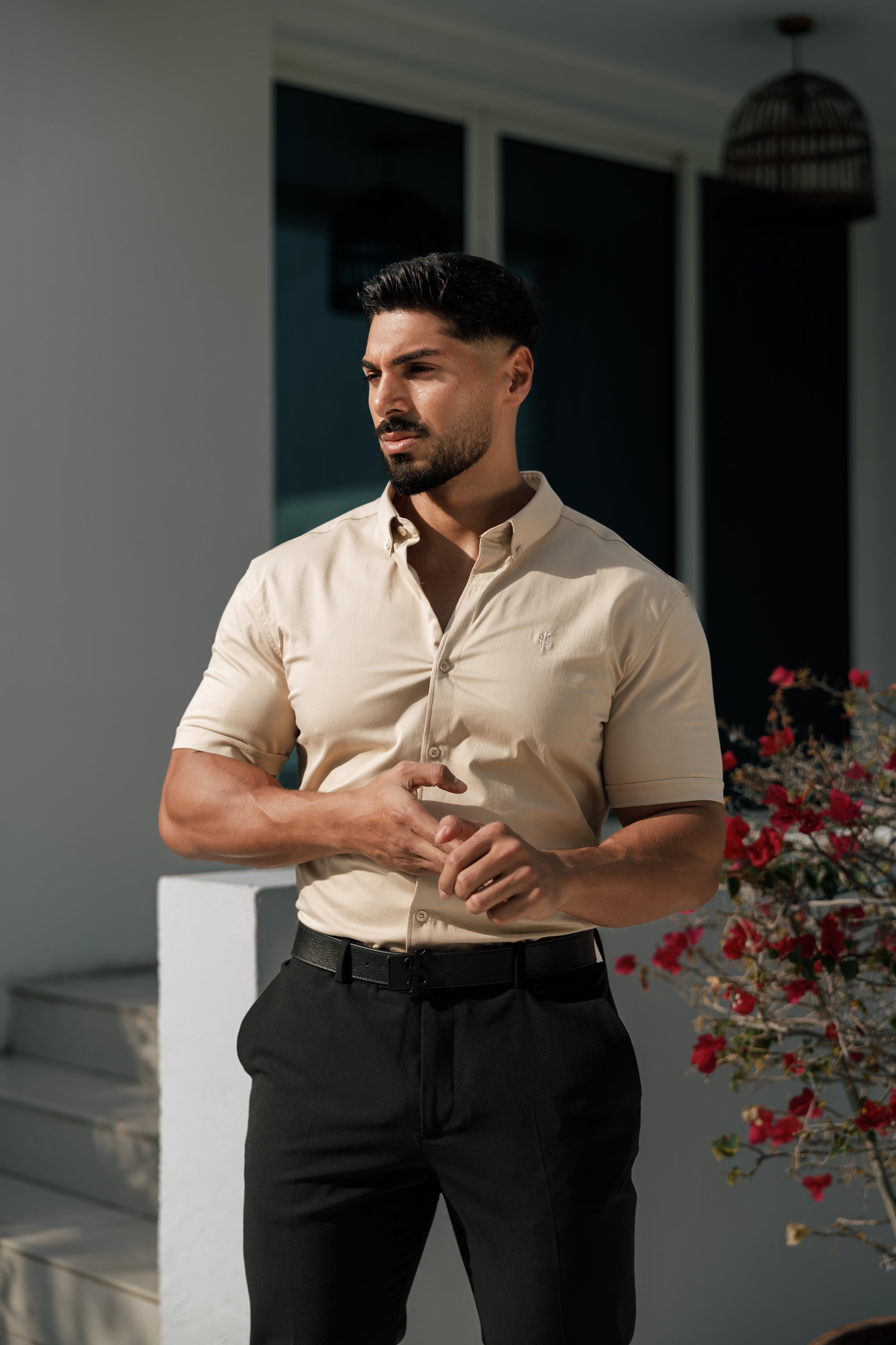 Super Slim Stretch Plain Beige Short Sleeve With Button Down Collar - FS982