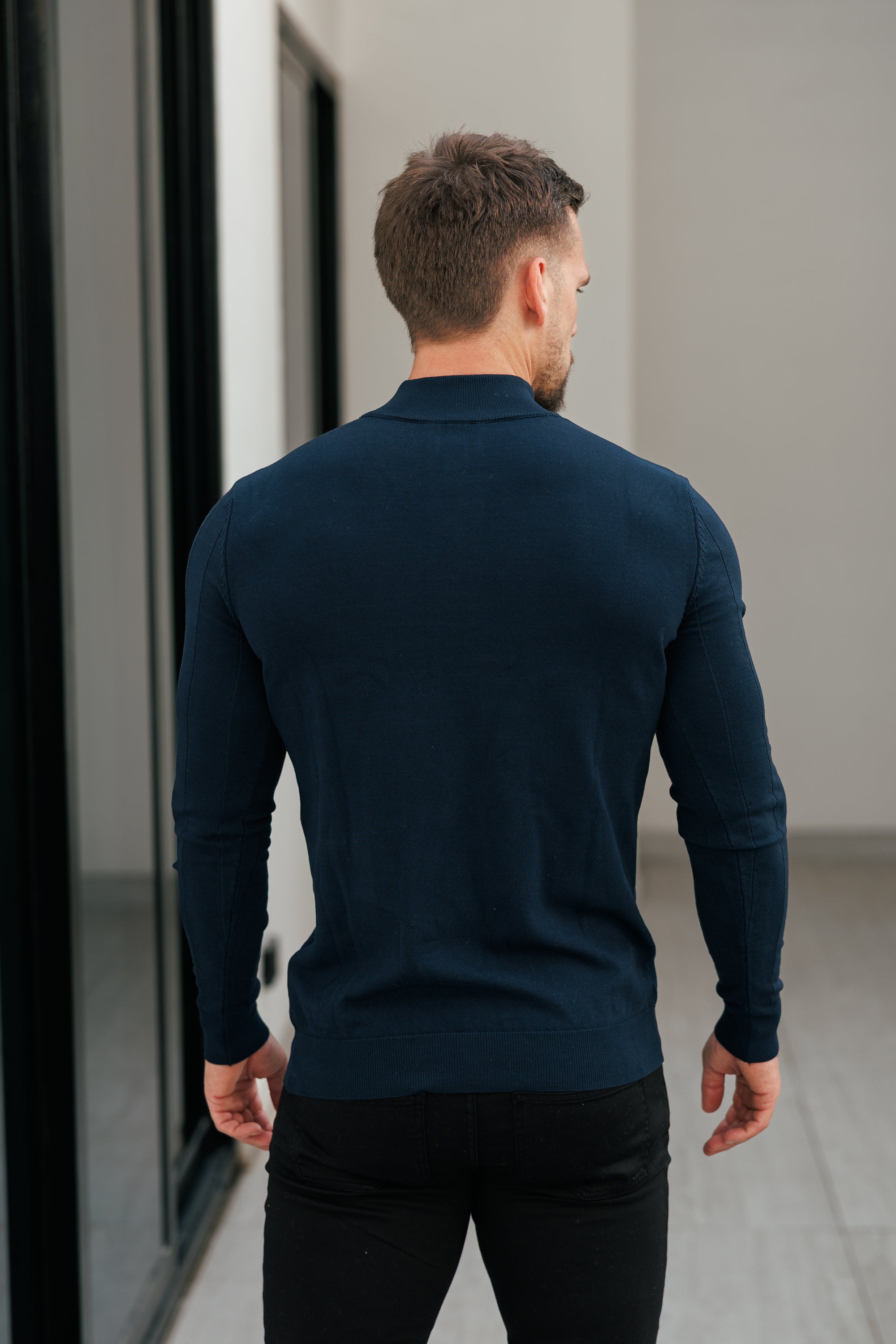 Self Stripe 1/4 Zip Funnel Neck Knit Jumper Navy Long Sleeve  -  FSR049