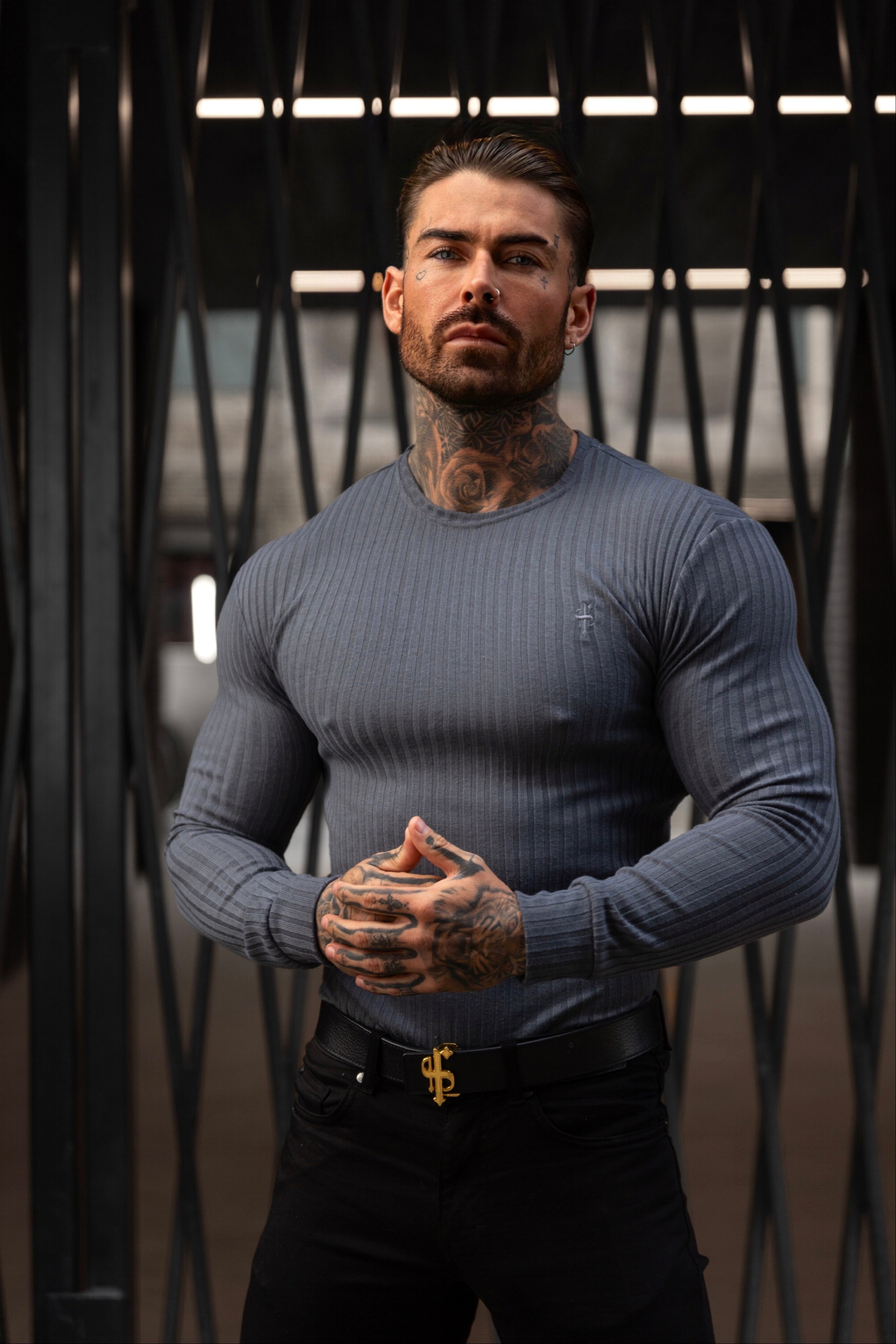 Father Sons Classic Charcoal Ribbed Knit Sweater With Tonal Embroidery - FSH946