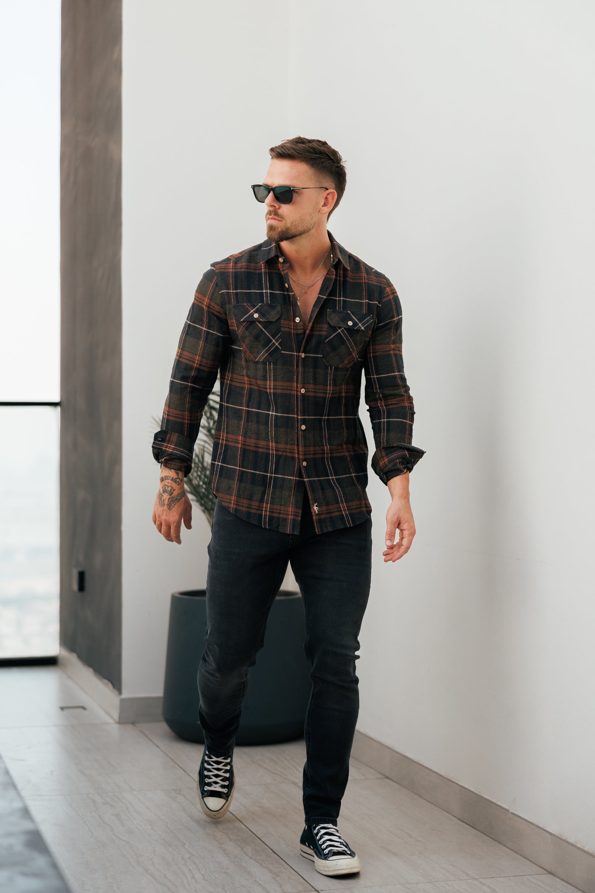 Brown Check Shacket With Double Pockets - FS1196