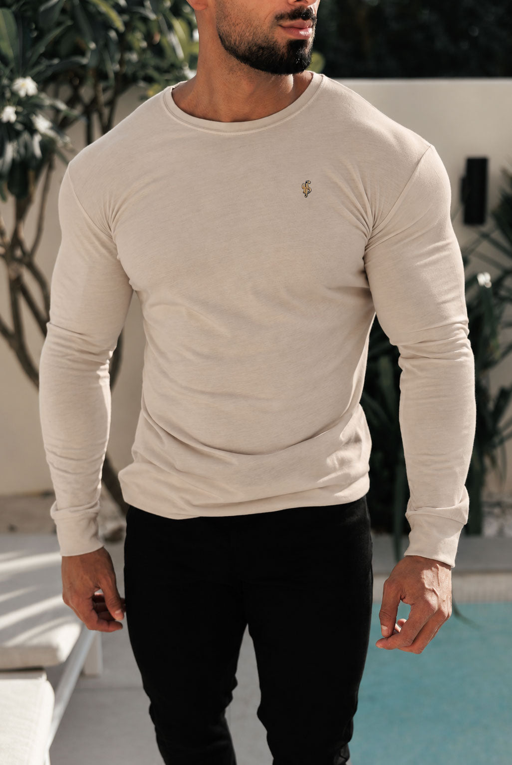 Beige / Gold Bamboo Crew T-Shirt Long Sleeve - FSH1683 (PRE ORDER 30TH OCTOBER)