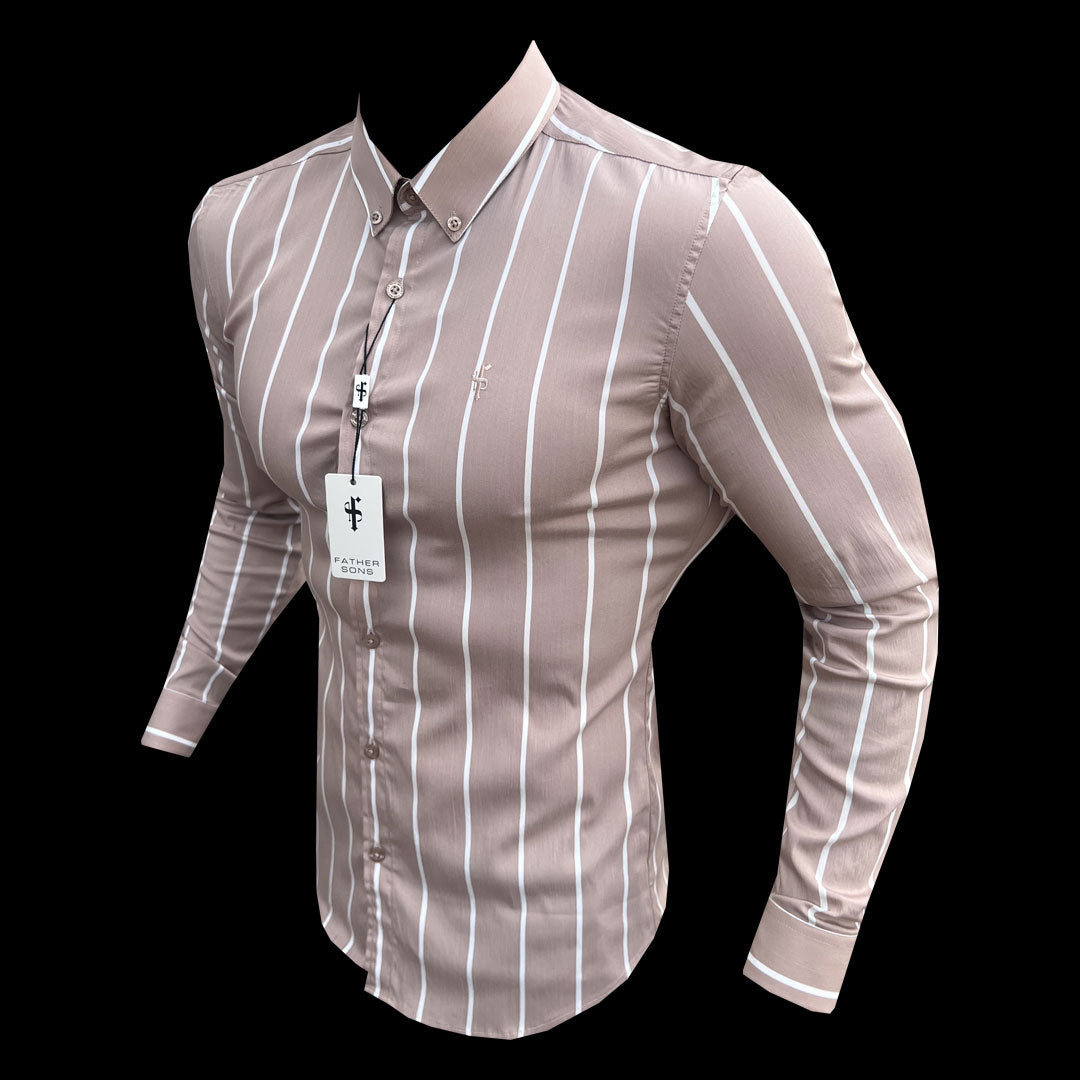 Super Slim Stretch Taupe Printed Wide Stripe Long Sleeve with Button Down Collar - FS1065