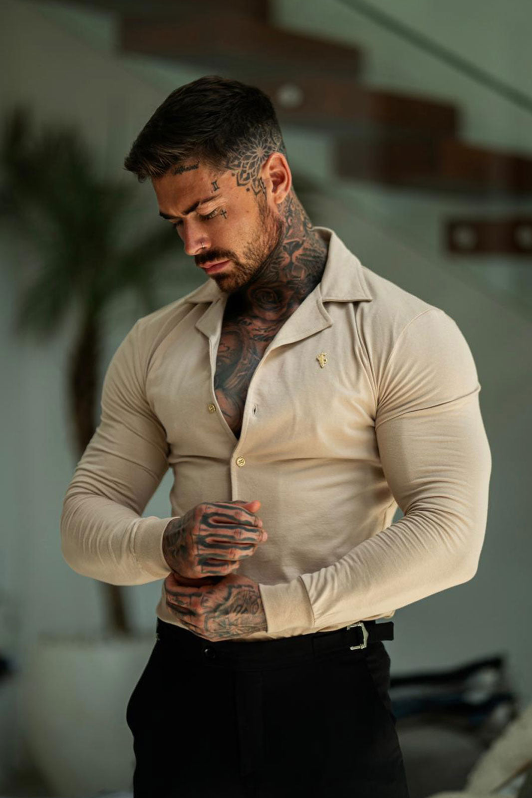 Stretch Beige Pique Revere Shirt Long Sleeve - FSH1209