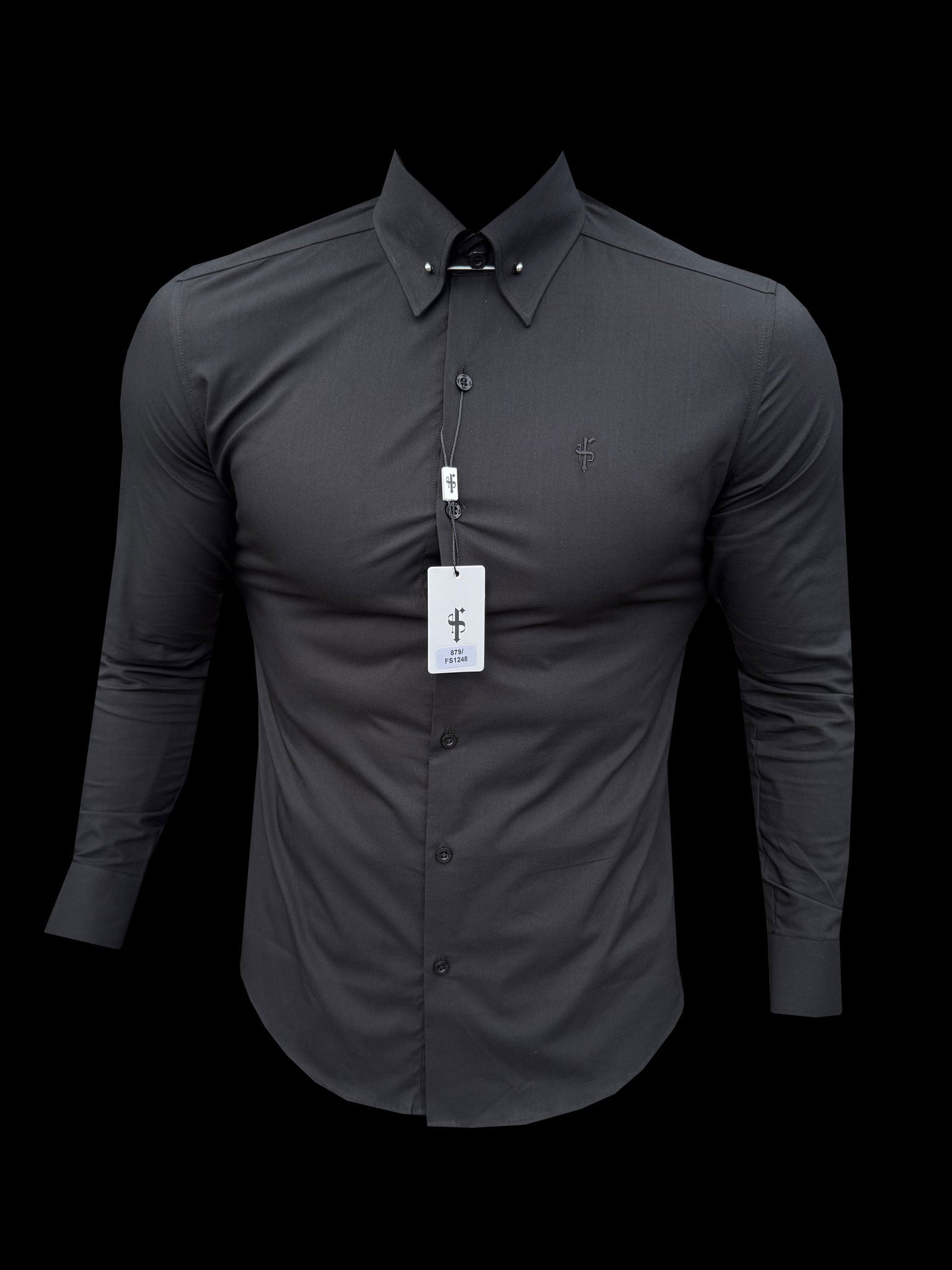 Classic Stretch Black Shirt with Silver Pin Collar - FS1248