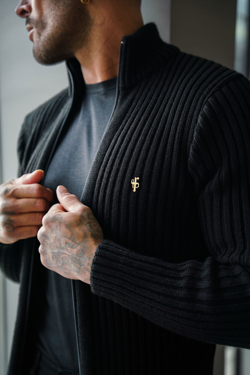 Father Sons Chunky Black Ribbed Zipped Cardigan with Gold Emblem- FSJ094