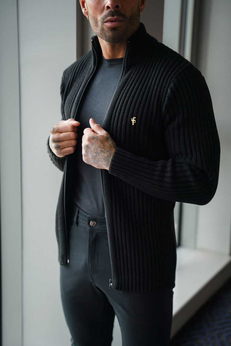 Father Sons Chunky Black Ribbed Zipped Cardigan with Gold Emblem- FSJ094