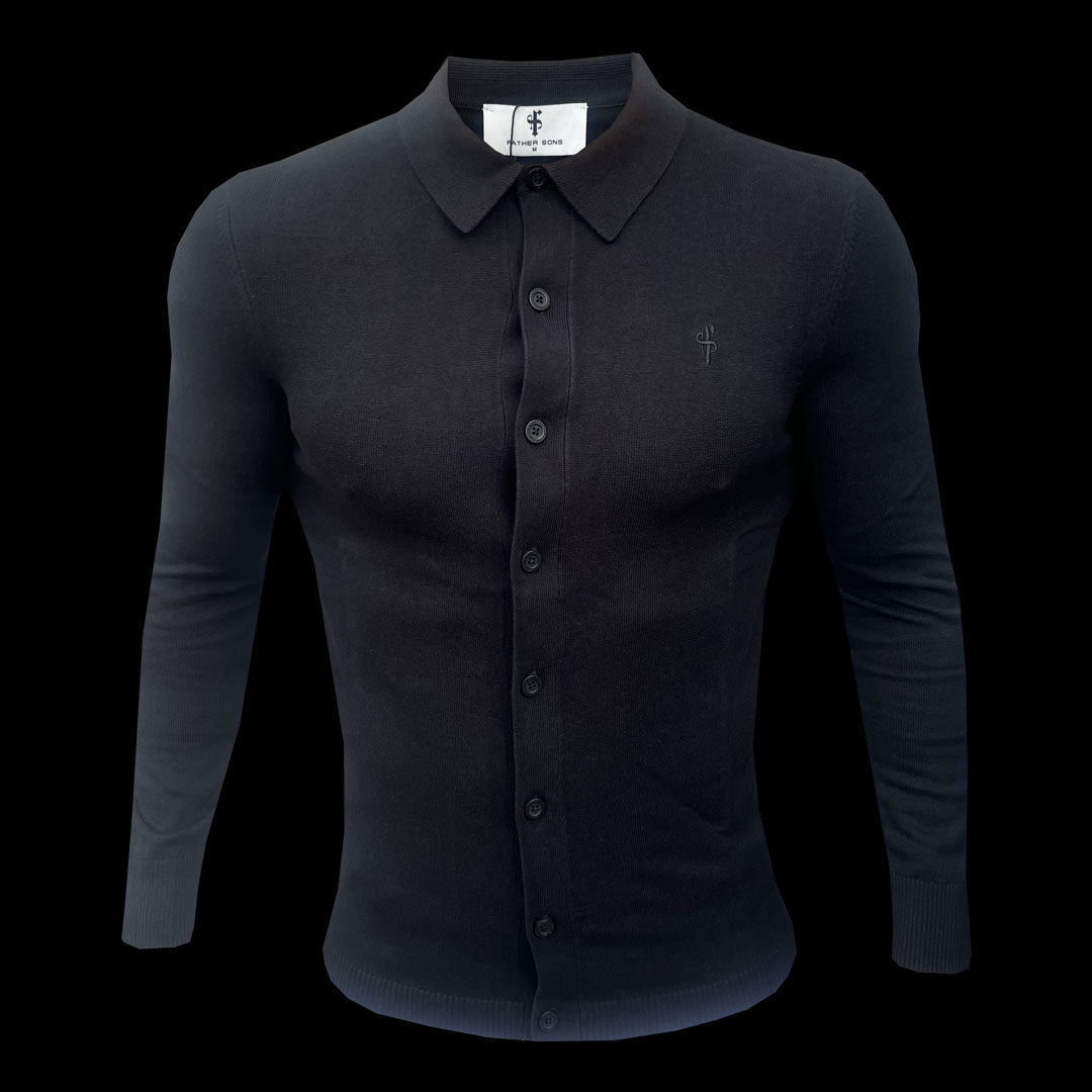 Classic Plain Black Knitted Button Through Polo Long Sleeve - FSN166