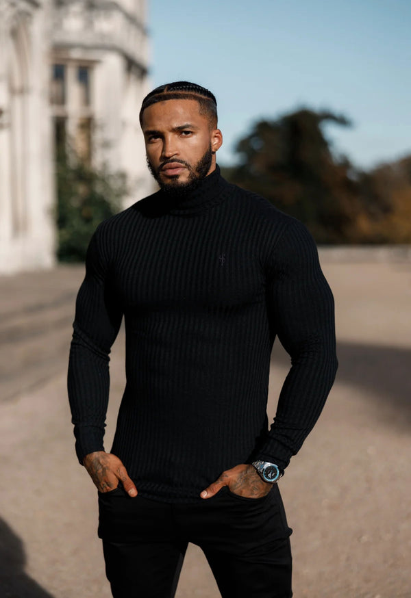 Father Sons Classic Black Ribbed Knit Roll-neck Sweater - FSH952