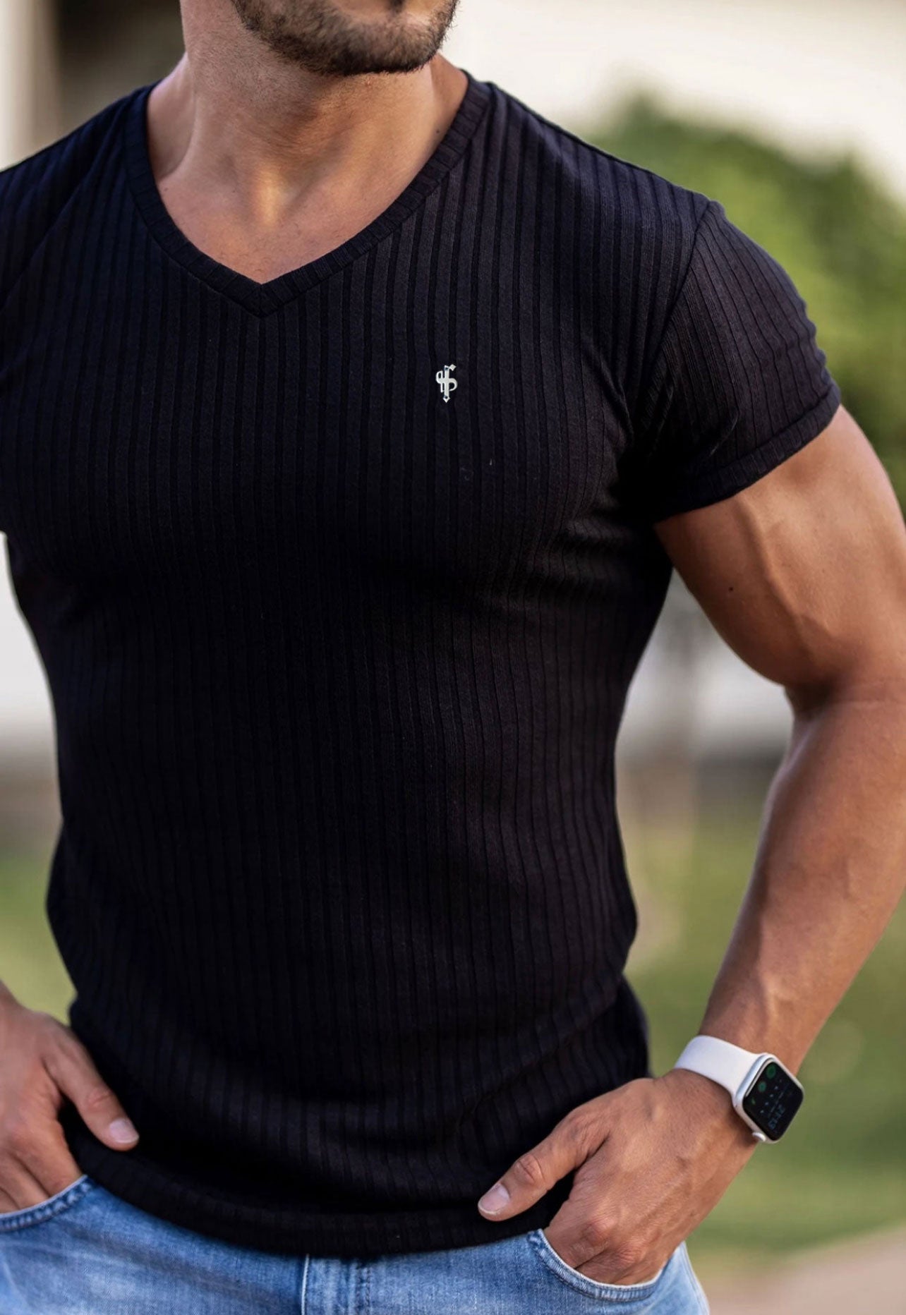 Classic Black / Silver V Neck Ribbed Crew - FSH1124