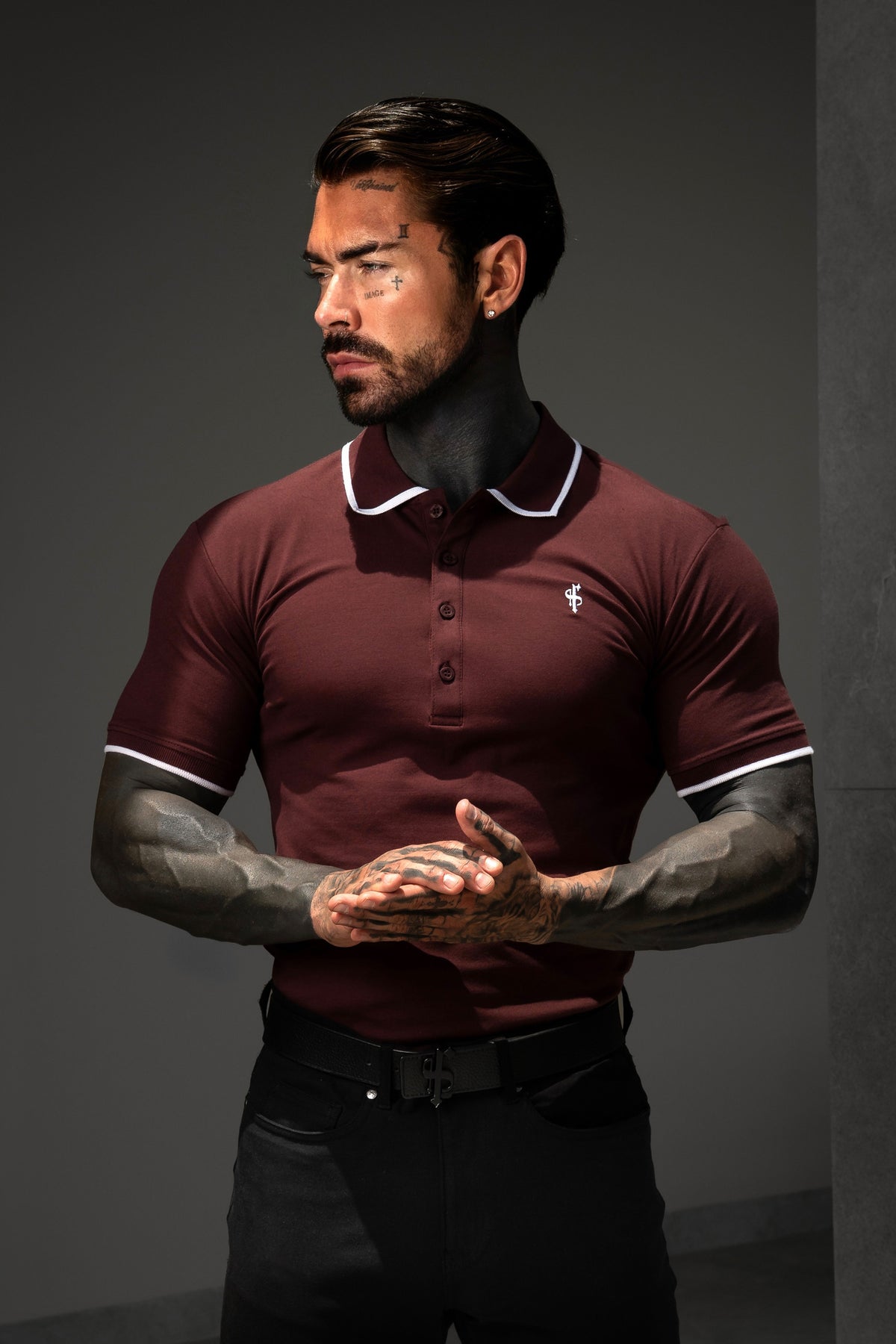 Burgundy / White Polo Shirt With Contrast Collar and Sleeve - FSH1676