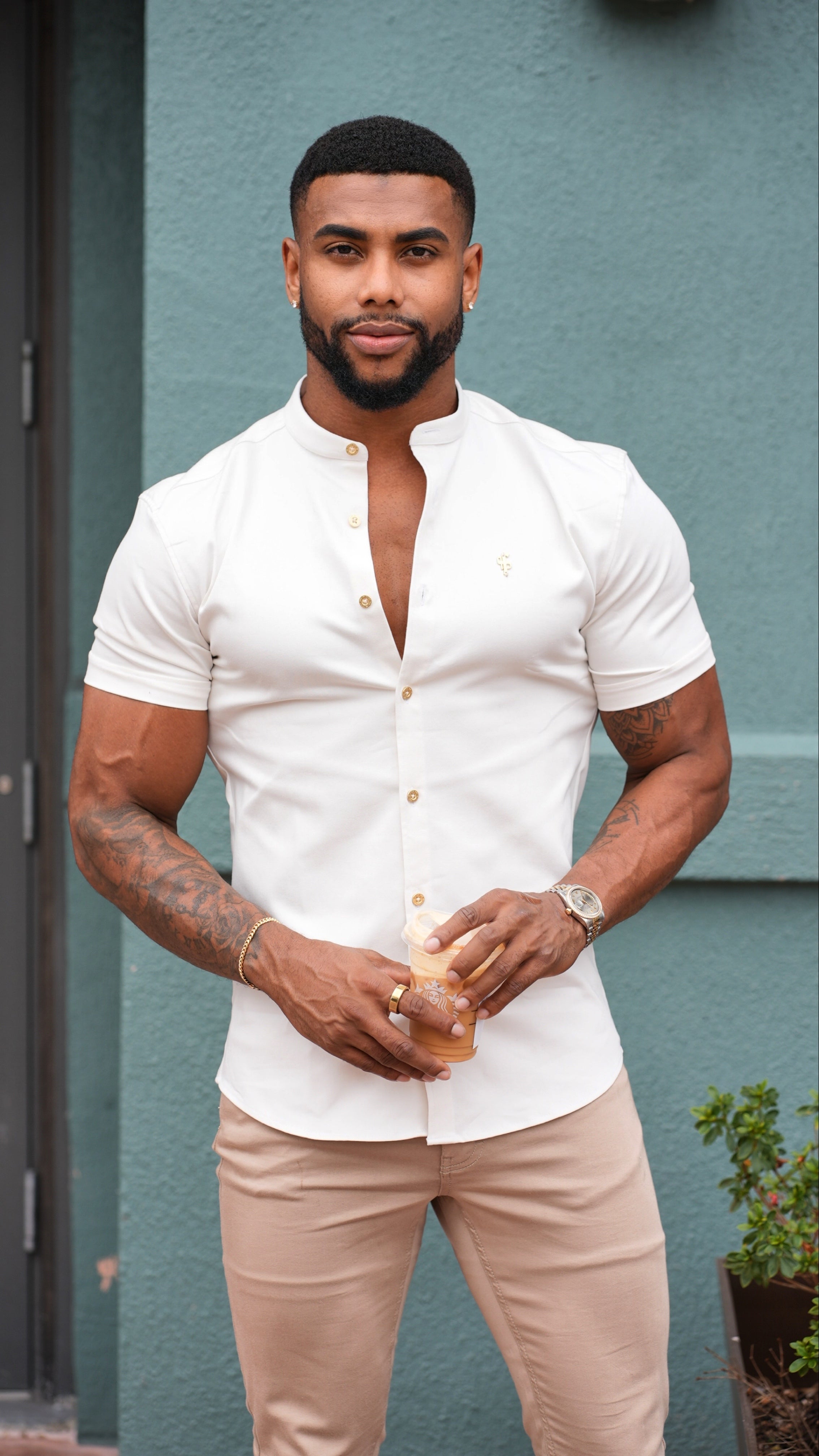 Super Slim Stretch Cream Denim Short Sleeve With Grandad Collar and Gold Metal Buttons and Decal  - FS971