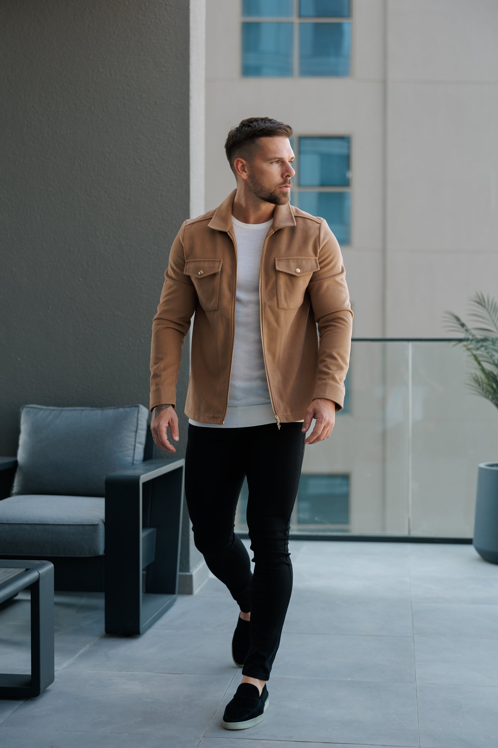 Brushed Zipped Plain Jacket Taupe - FSN174 [Gold Zips/Gold Buttons]