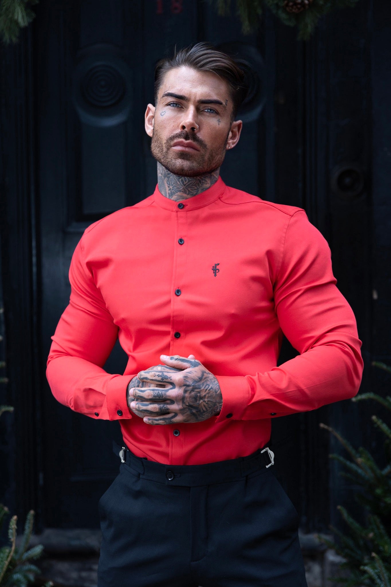 Super Slim Denim Red Long Sleeve Stretch with Grandad Collar - FS1039