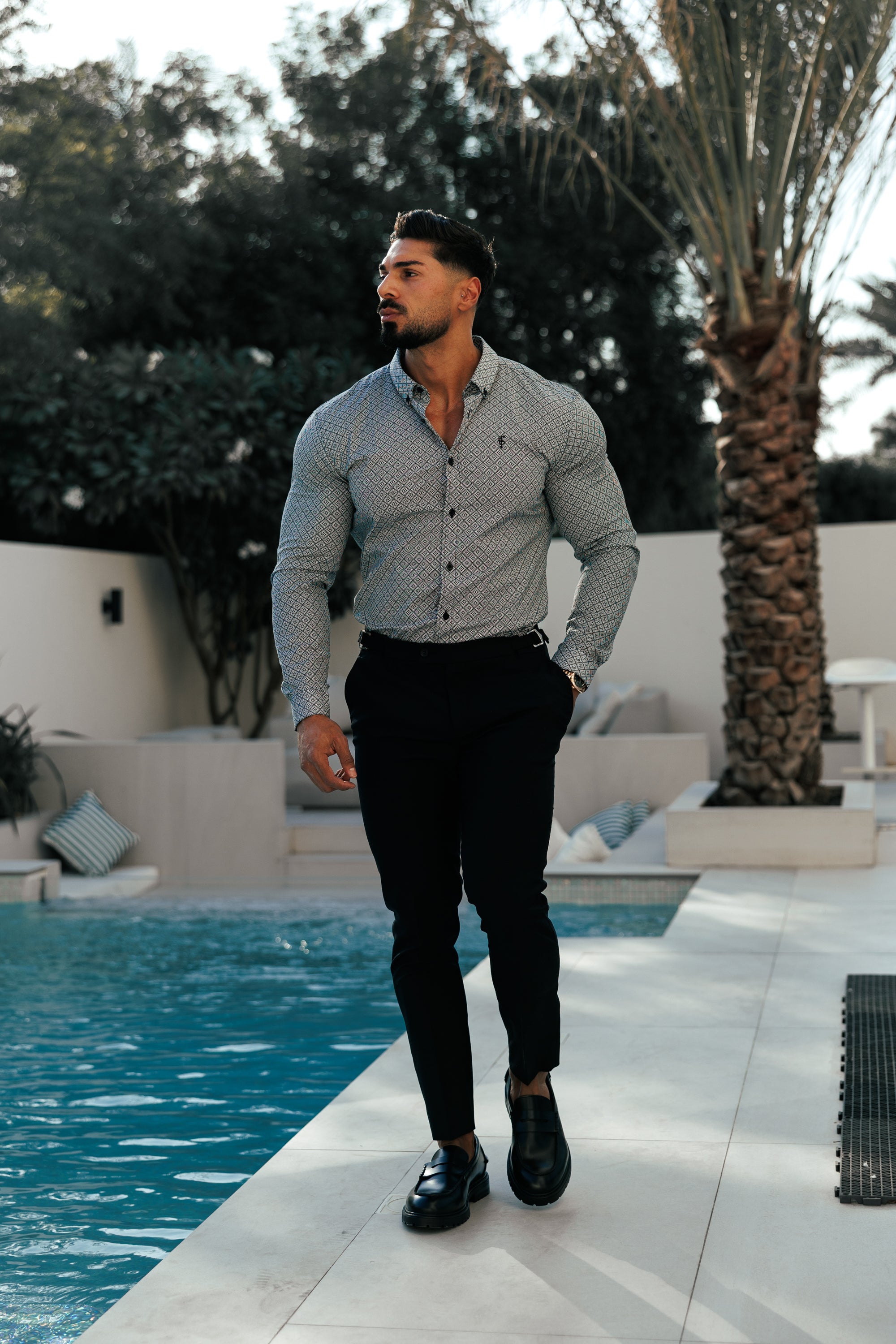 Super Slim Stretch Black / White Diamond Print Long Sleeve with Button Down Collar - FS1226