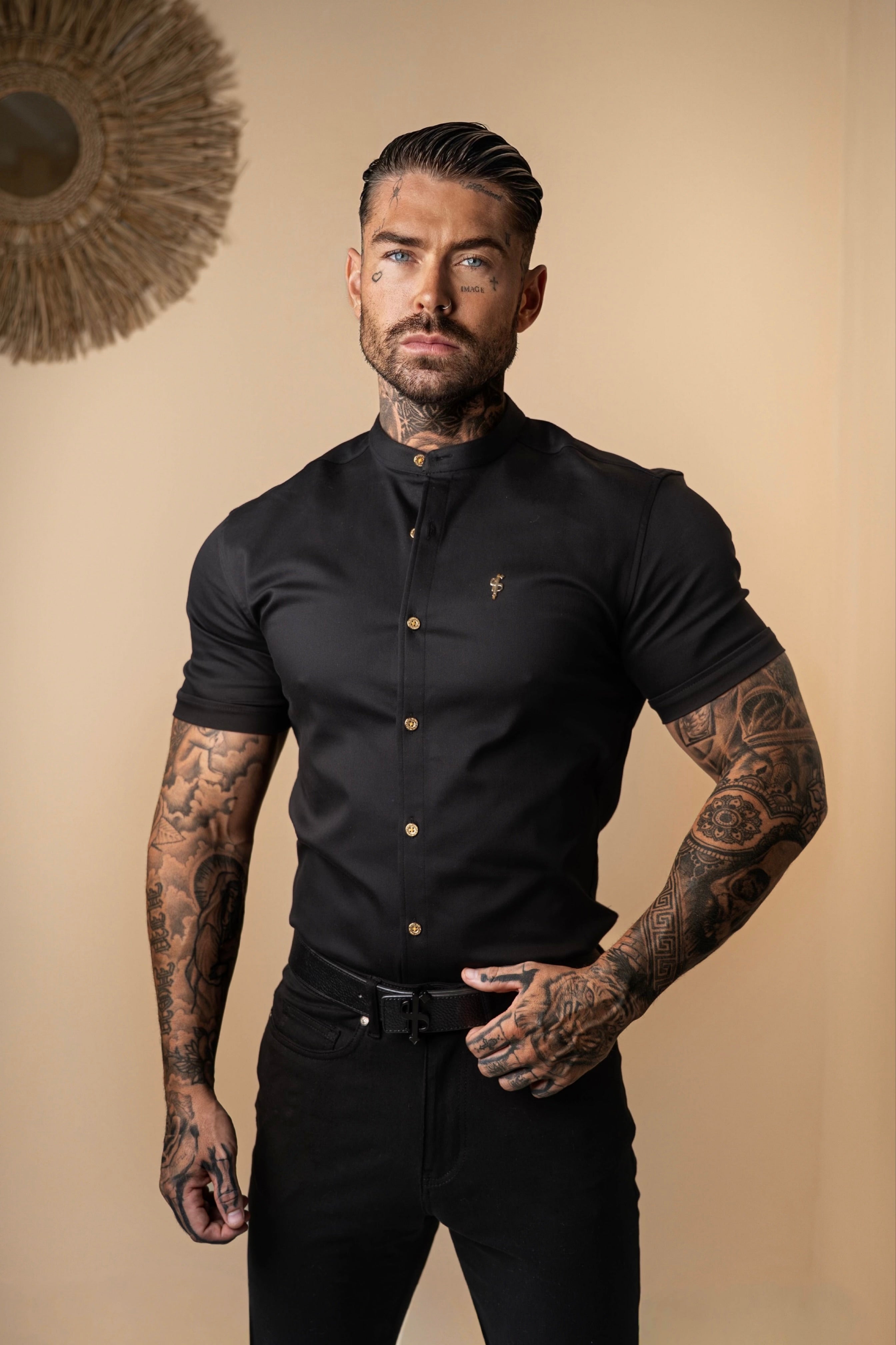 Super Slim Stretch Black Denim Short Sleeve Grandad collar with Metal Buttons and Decal Emblem - FS708