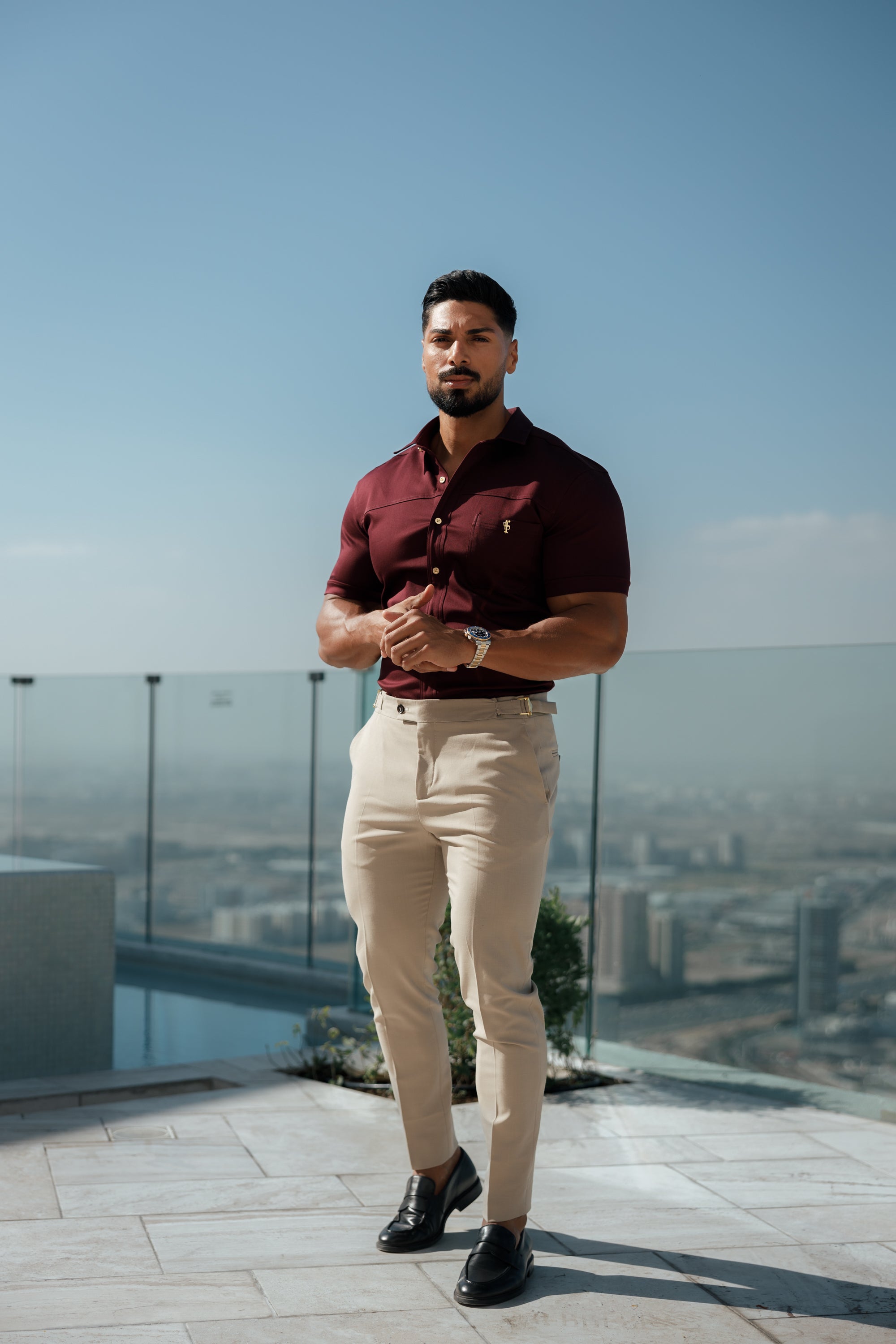 Super Slim Stretch Burgundy Denim Short Sleeve with Horizontal Seam and Pocket- FS961