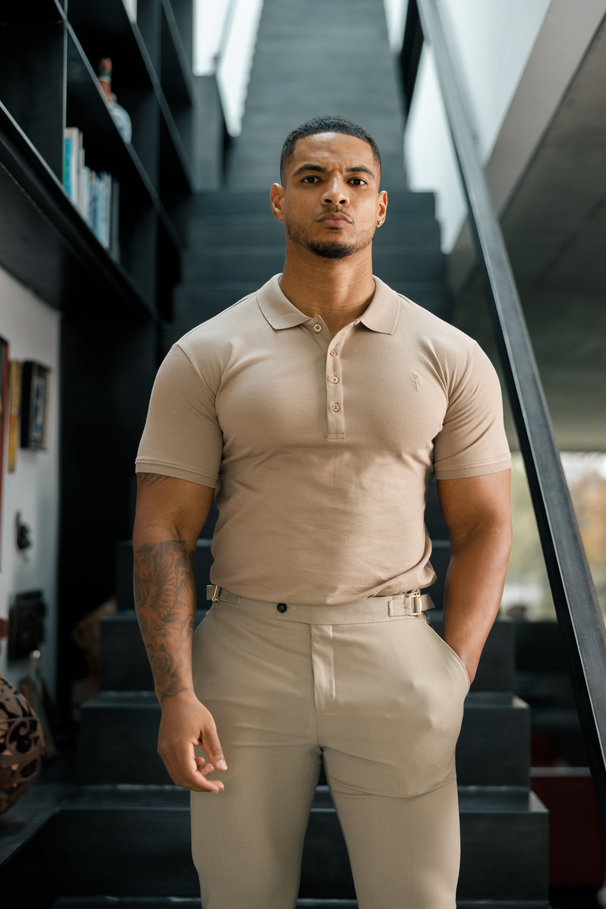 Classic Taupe Polo Shirt with Tonal Button and Embroidery - FSH913