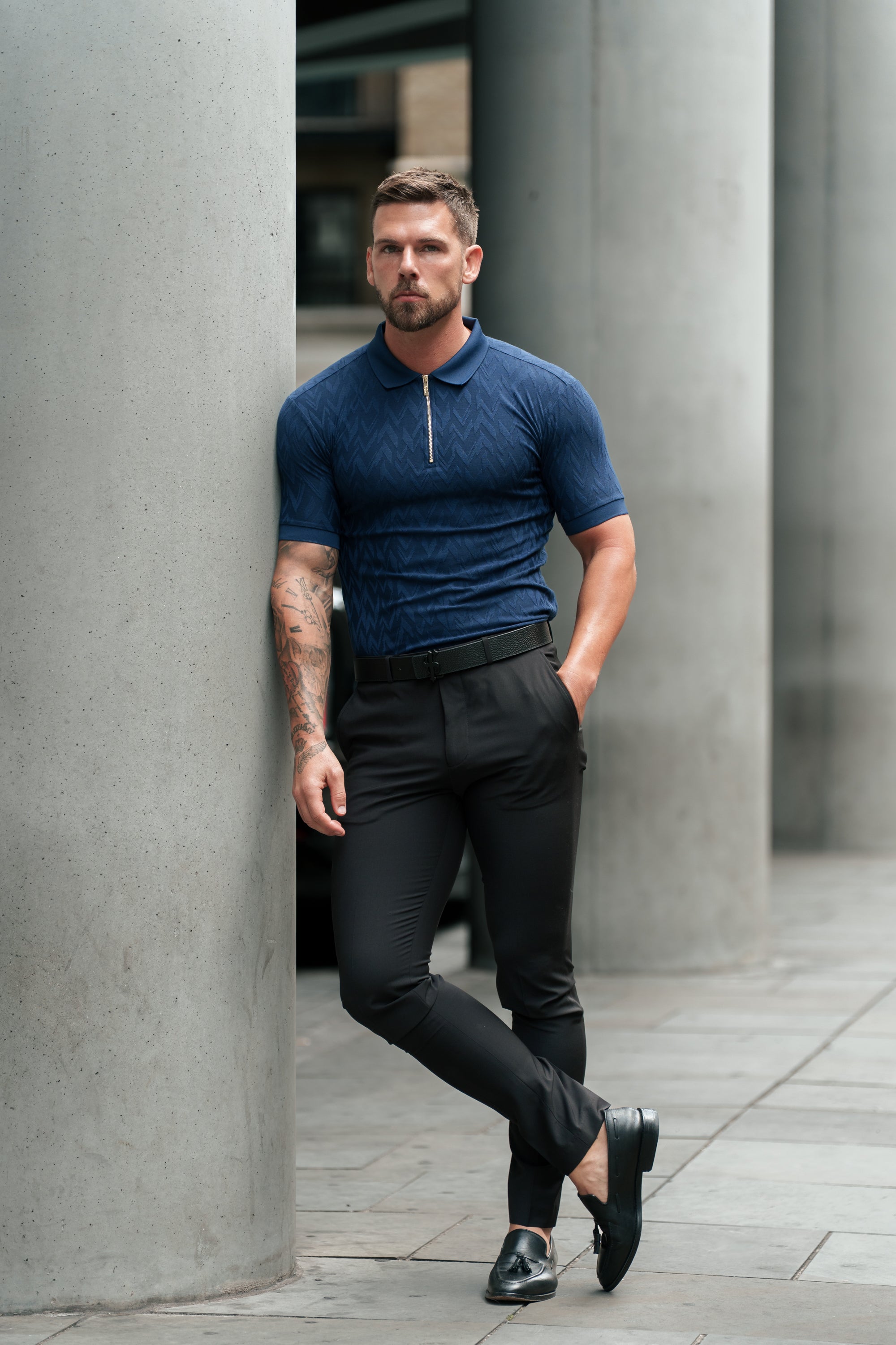 Classic Jacquard Navy Chevron Zipped Polo - FSR021