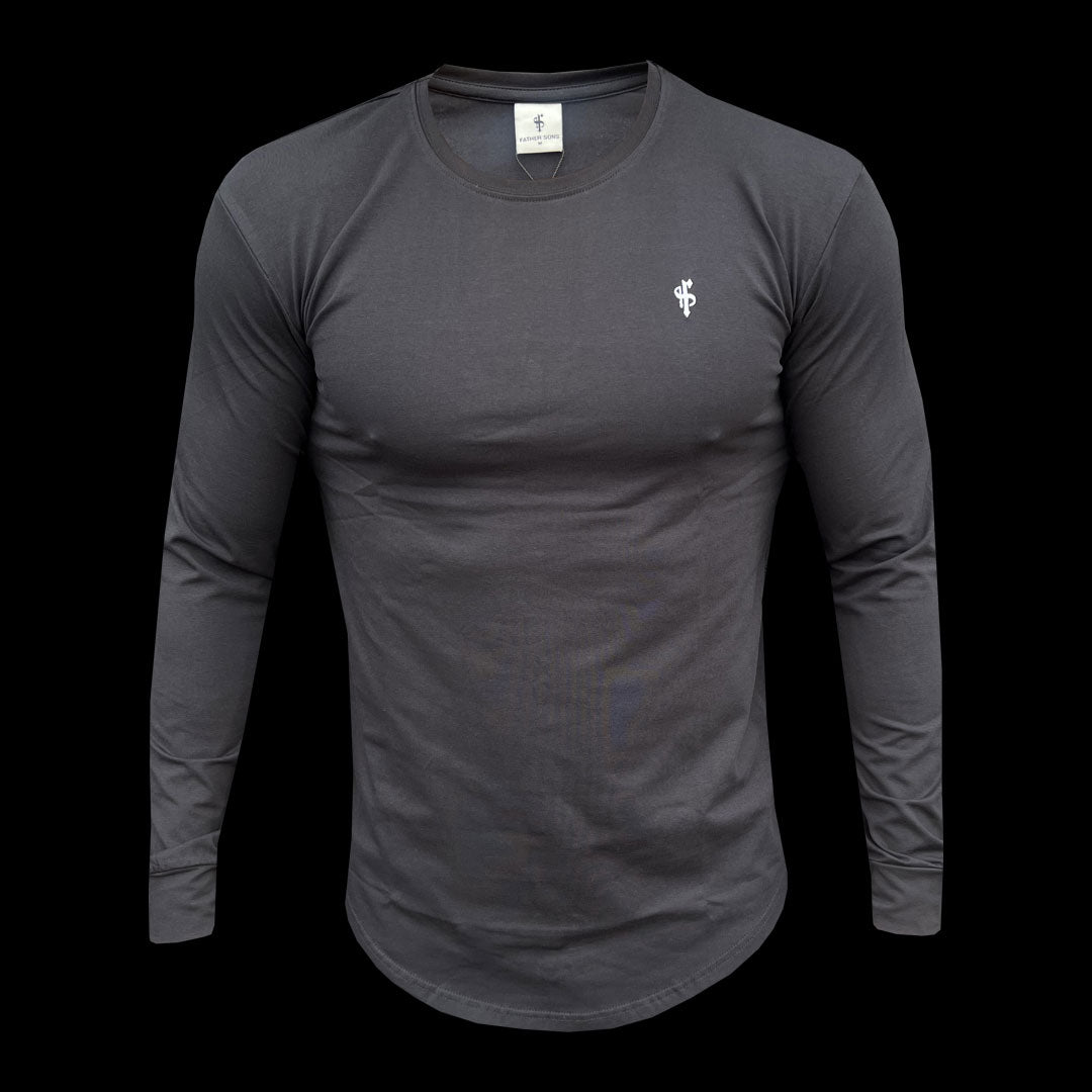 Classic Black / White Tonal Curved Hem Long Sleeve Crew T Shirt - FSH995