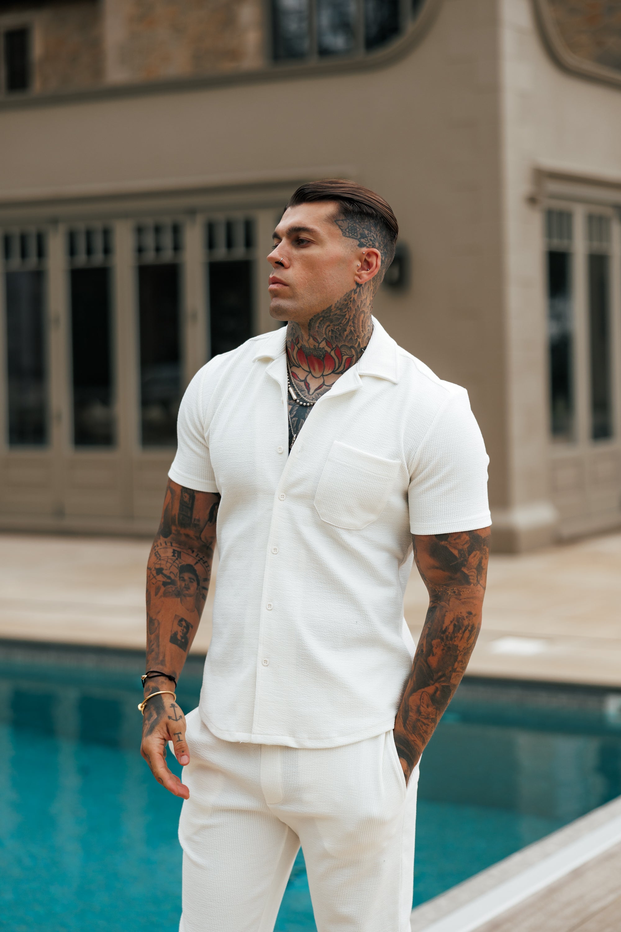 Jersey Cord Stretch White Revere Shirt Short Sleeve - FSR017