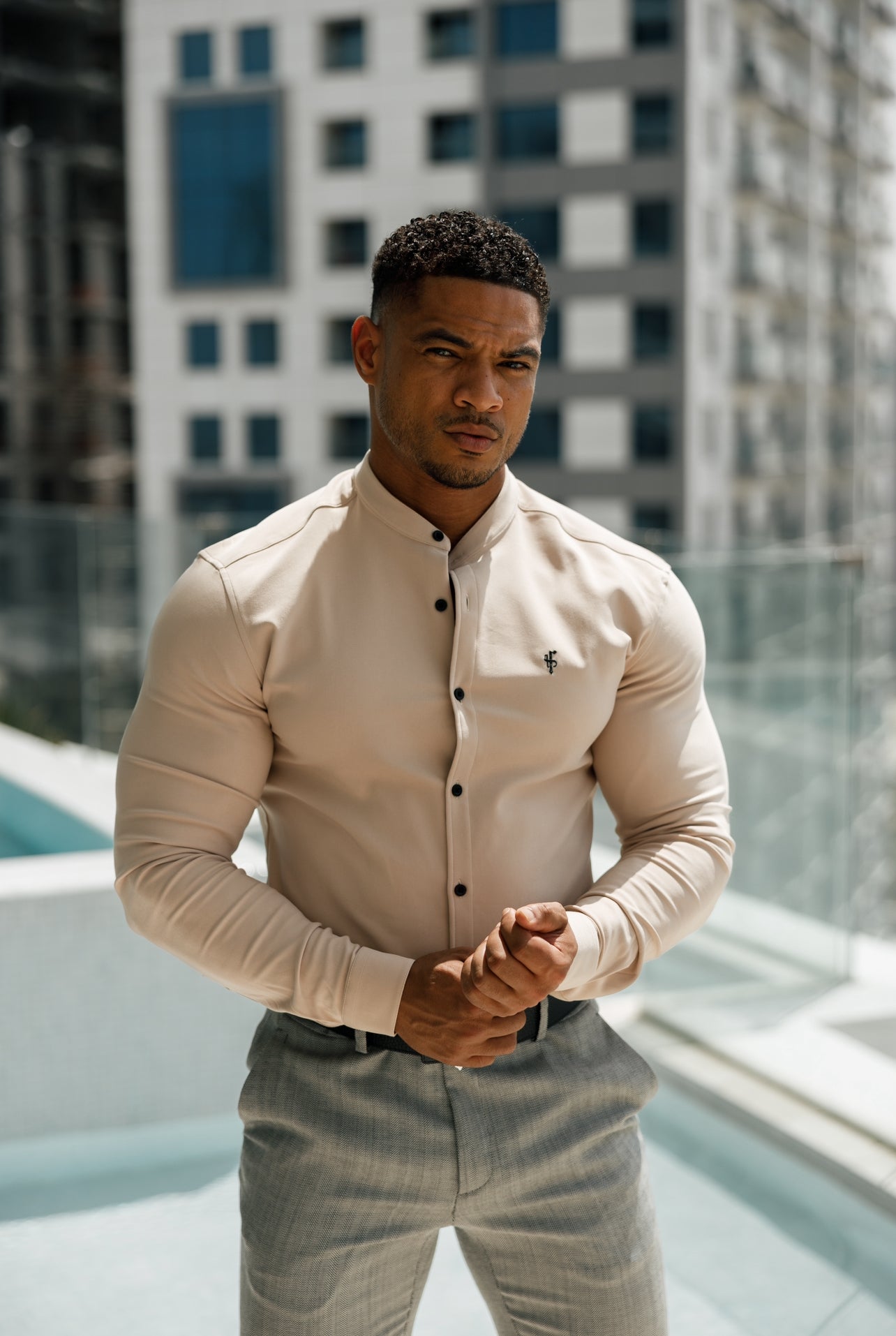 Super Slim Scuba Beige Long Sleeve Stretch with Grandad Collar - FS941