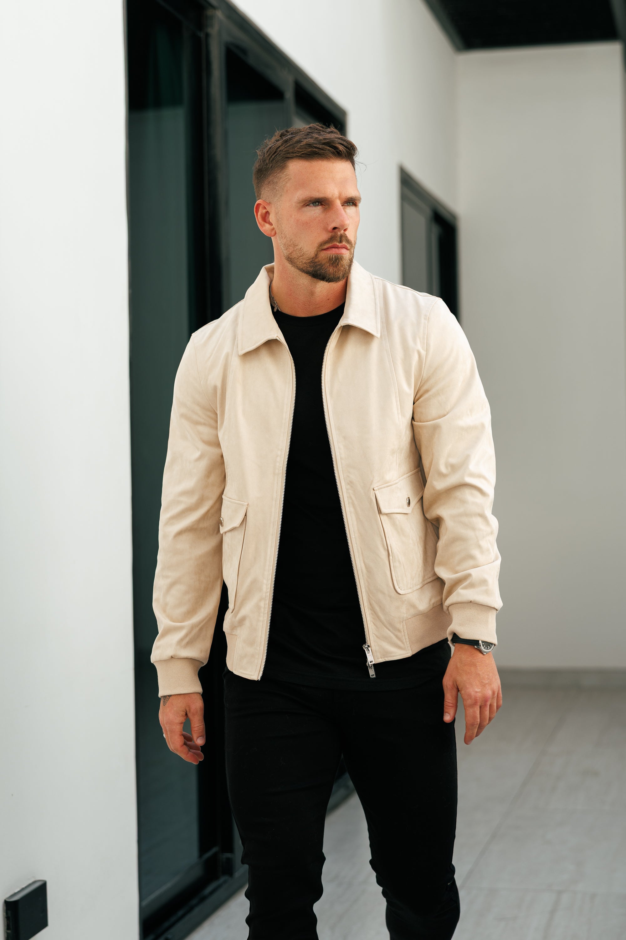 Suede Feel Beige Bomber Jacket - FSN228
