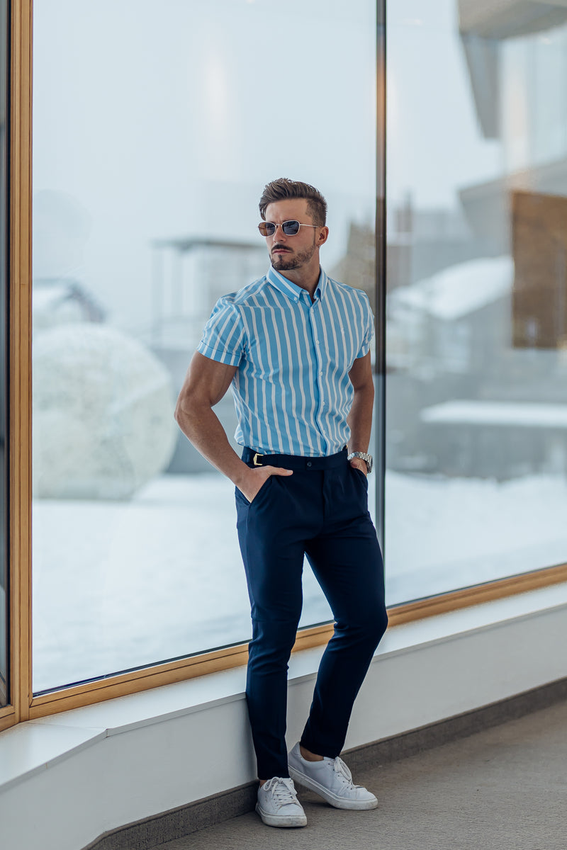 Father Sons Classic Light Blue and White Deckchair Woven Stripe Short Sleeve - FS976