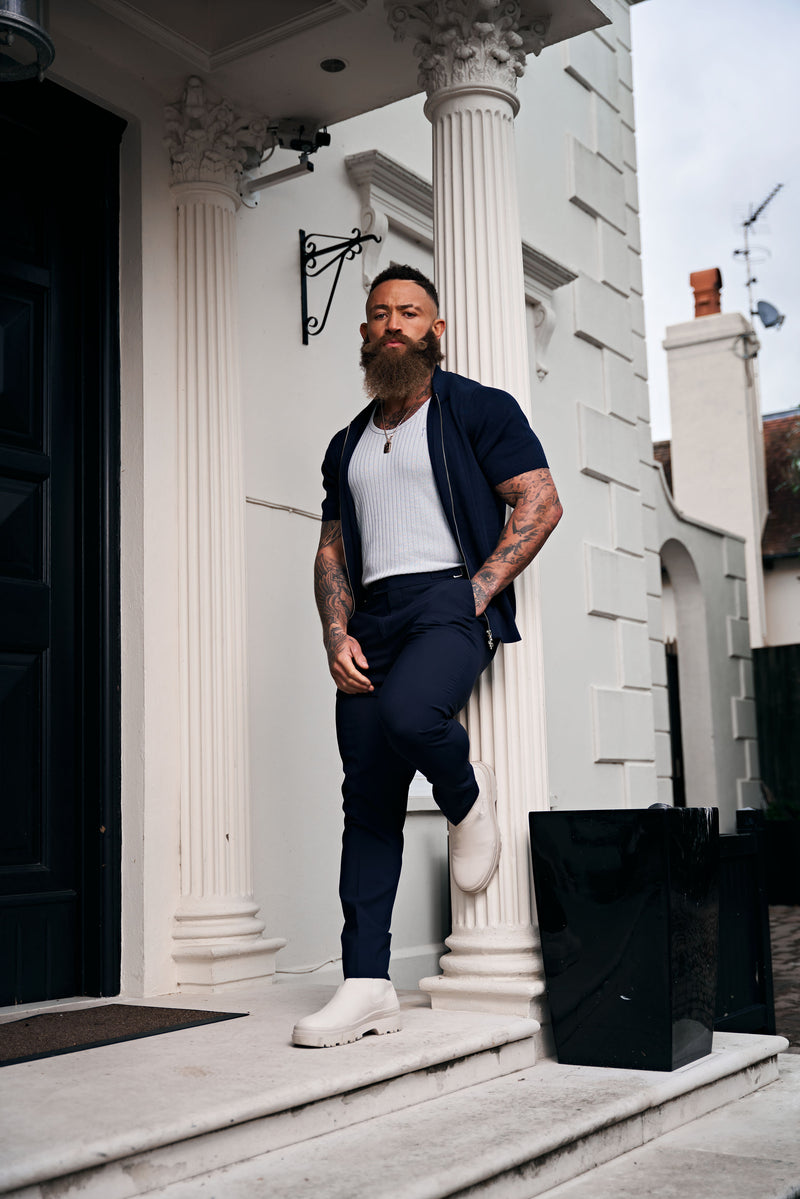 Father Sons Classic Knitted Geo Design With Full Length Zip Navy Short Sleeve - FSN149