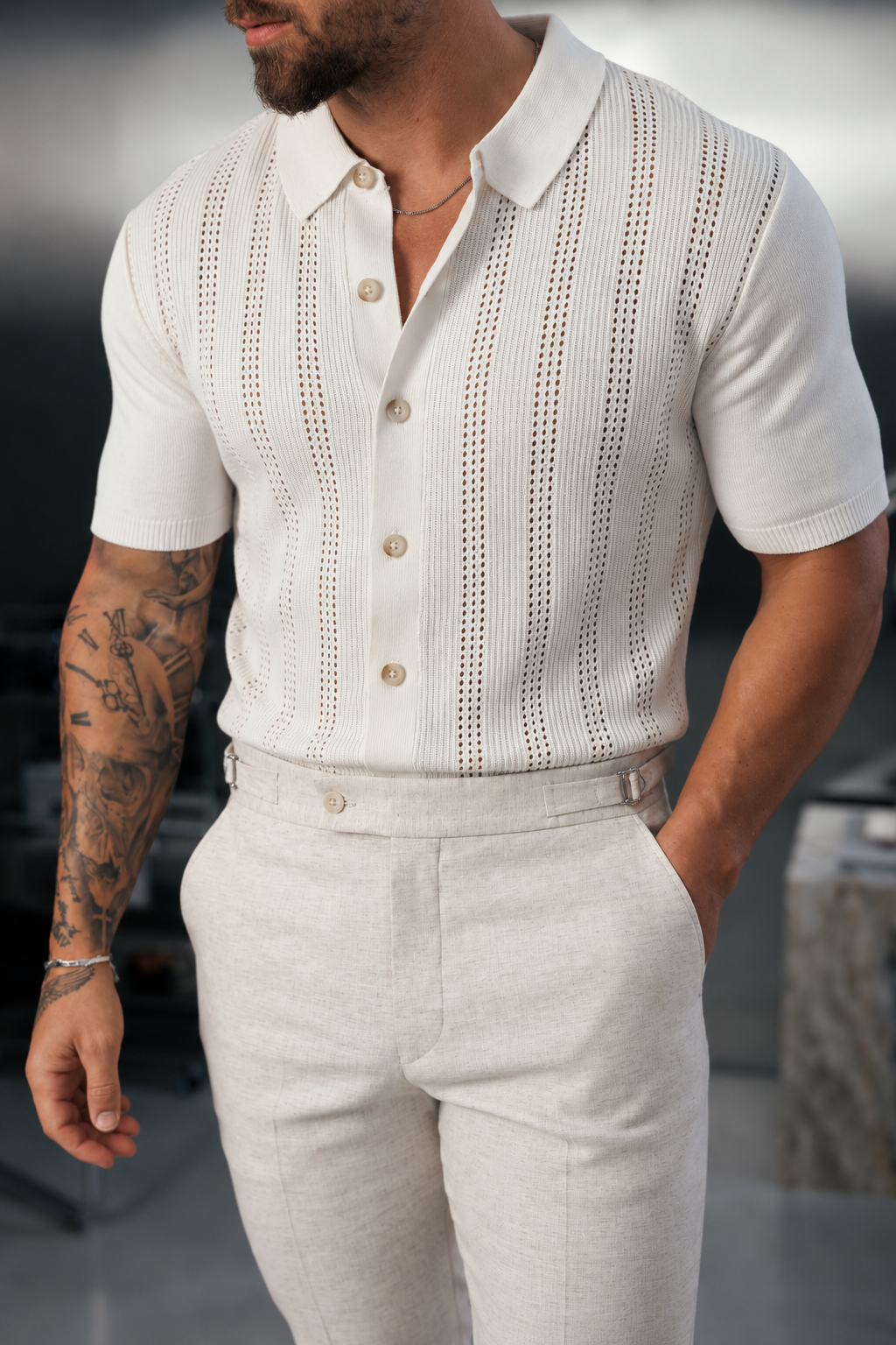 Cream Stripe Perforated Shirt Short Sleeve - FSA021