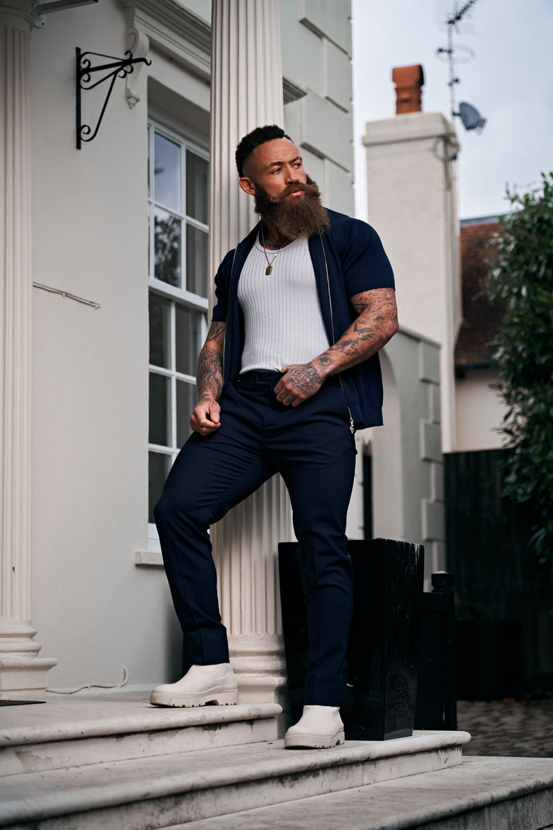 Father Sons Classic Knitted Geo Design With Full Length Zip Navy Short Sleeve - FSN149