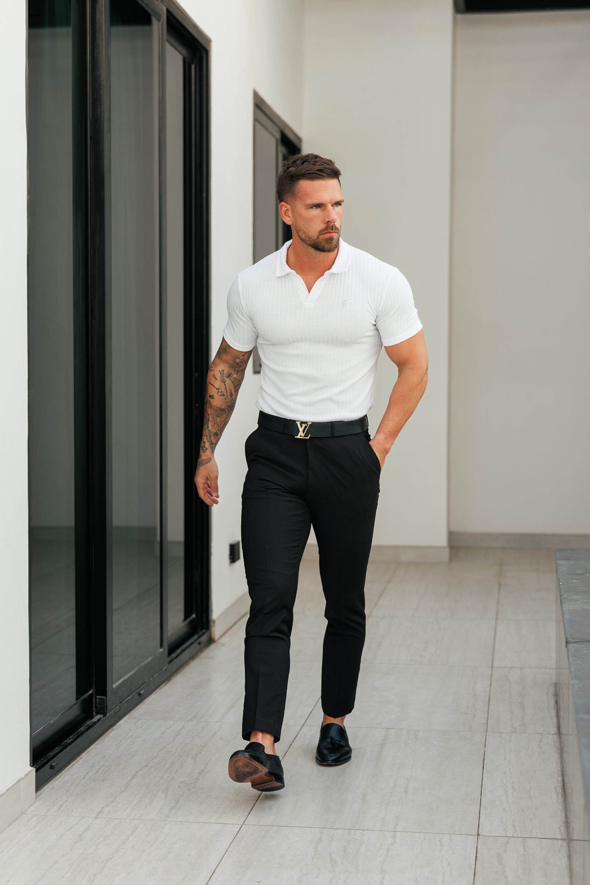 White / Gold Ribbed Revere Polo Shirt Short Sleeve - FSH1413