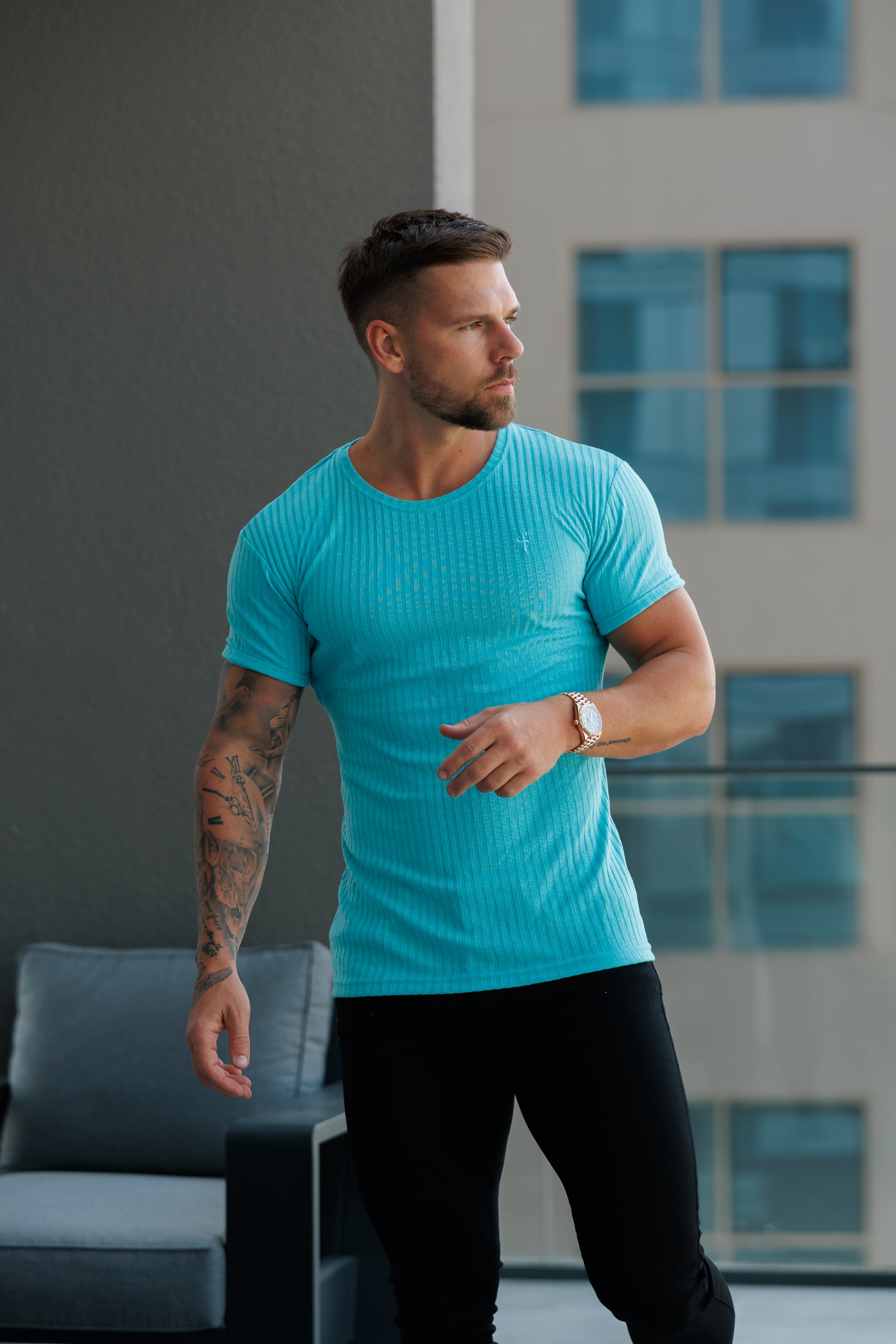 Classic New Mint Ribbed Knit Super Slim Short Sleeve Crew - FSH1162