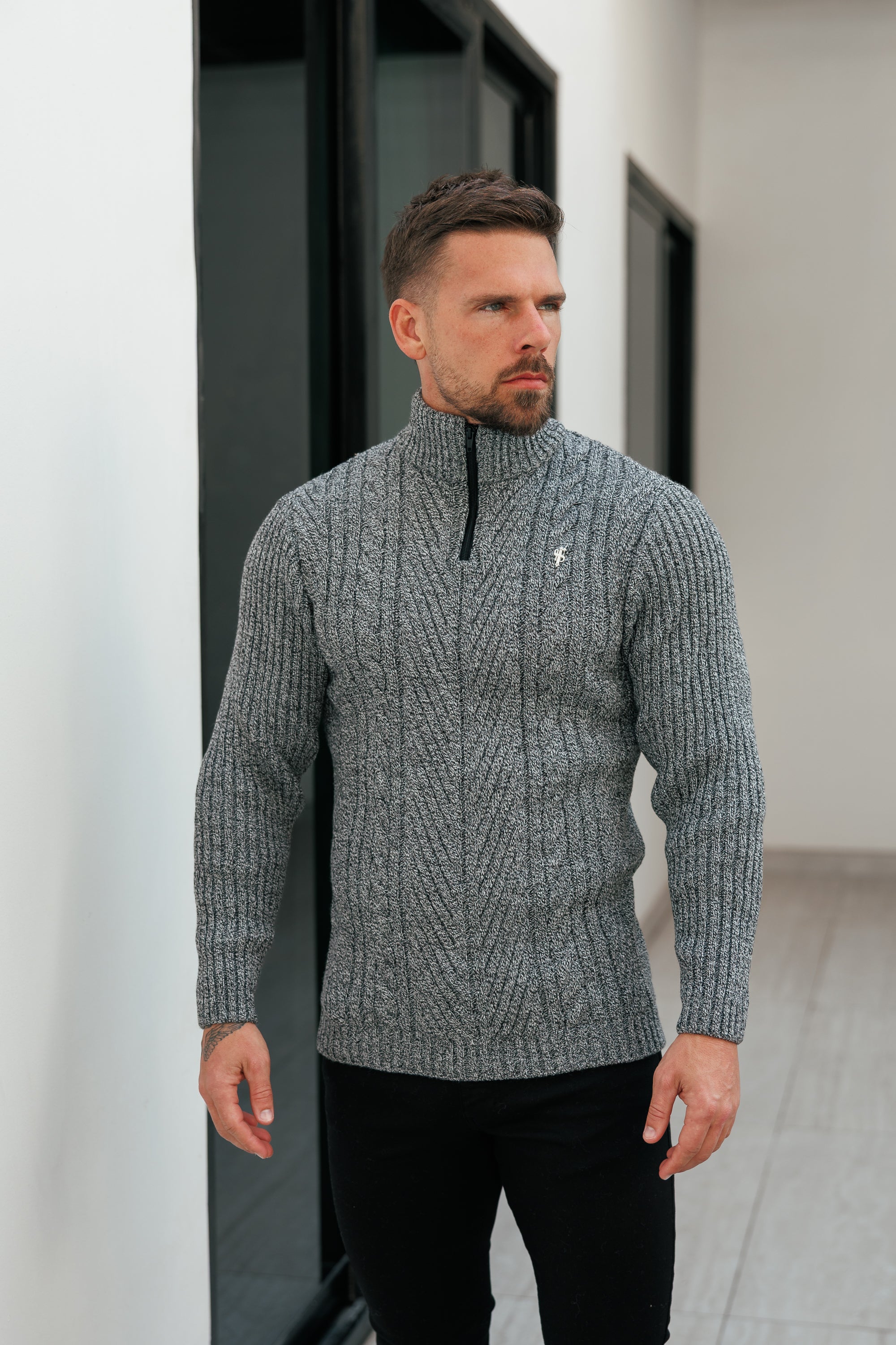 Funnel Neck Jumper with Quarter Zip Black / White Two Tone - FSJ154