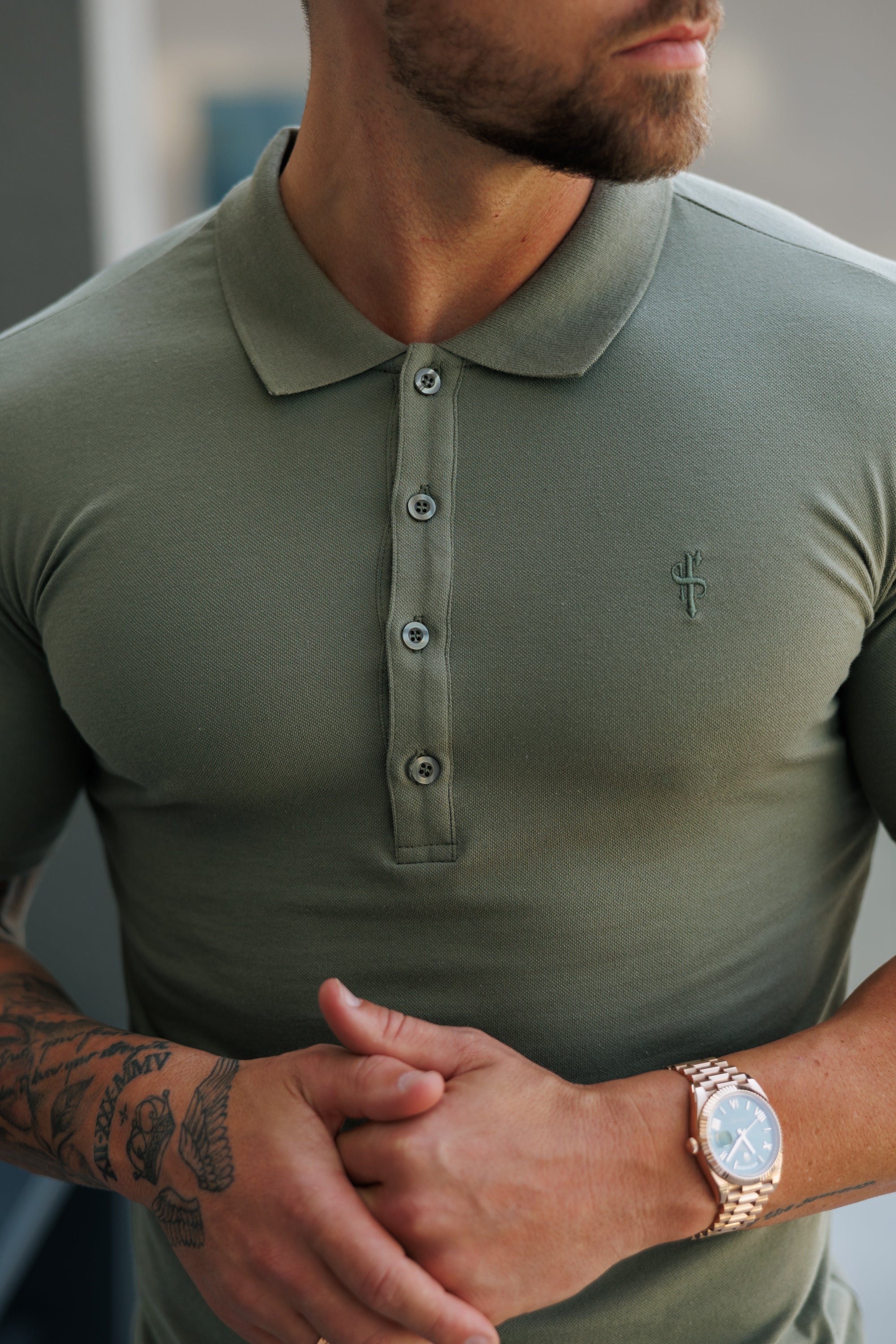 Classic Olive Polo Shirt with Tonal Button and Embroidery - FSH1269