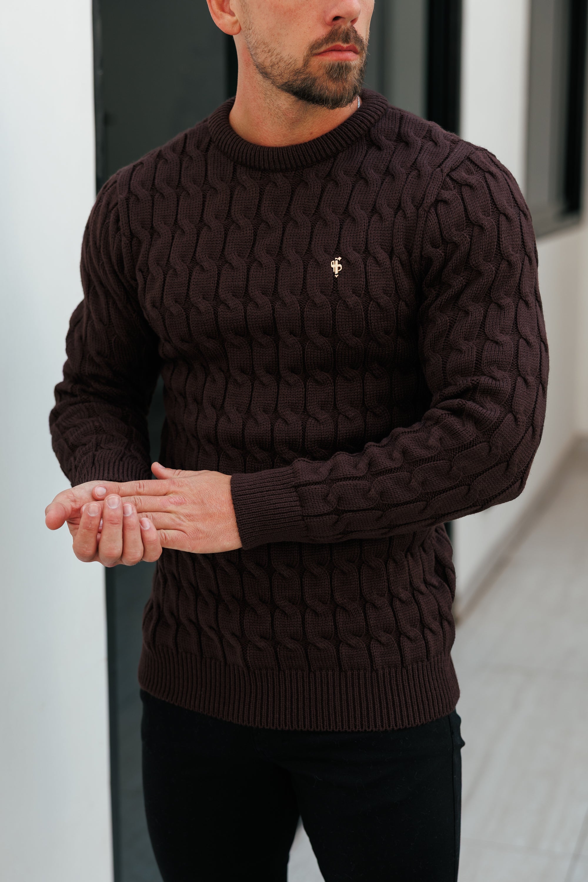 Link Weave Knit Brown Crew Neck Jumper - FSJ141