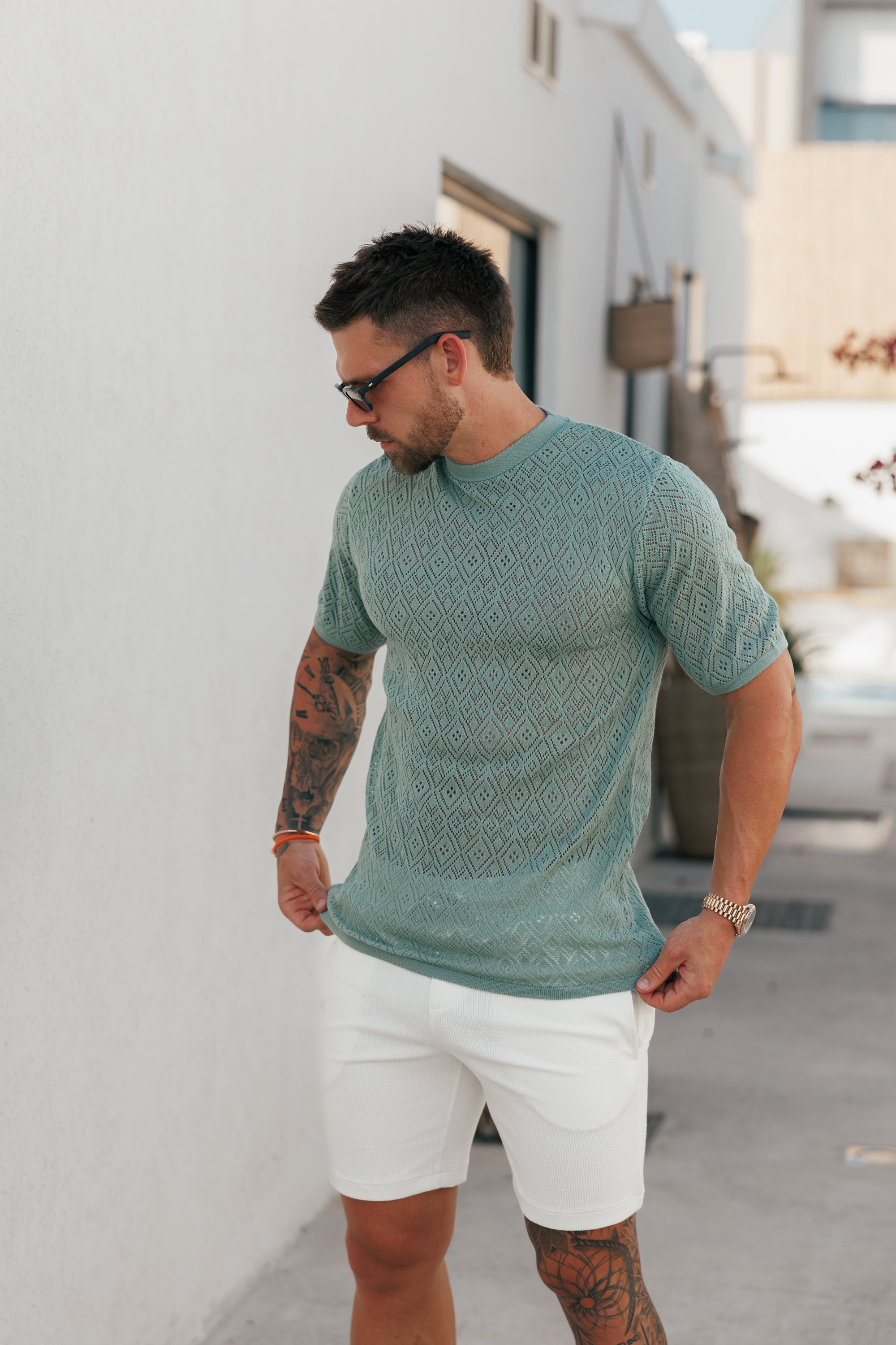 Crochet Crew T-Shirt Light Green Short Sleeve - FSJ091