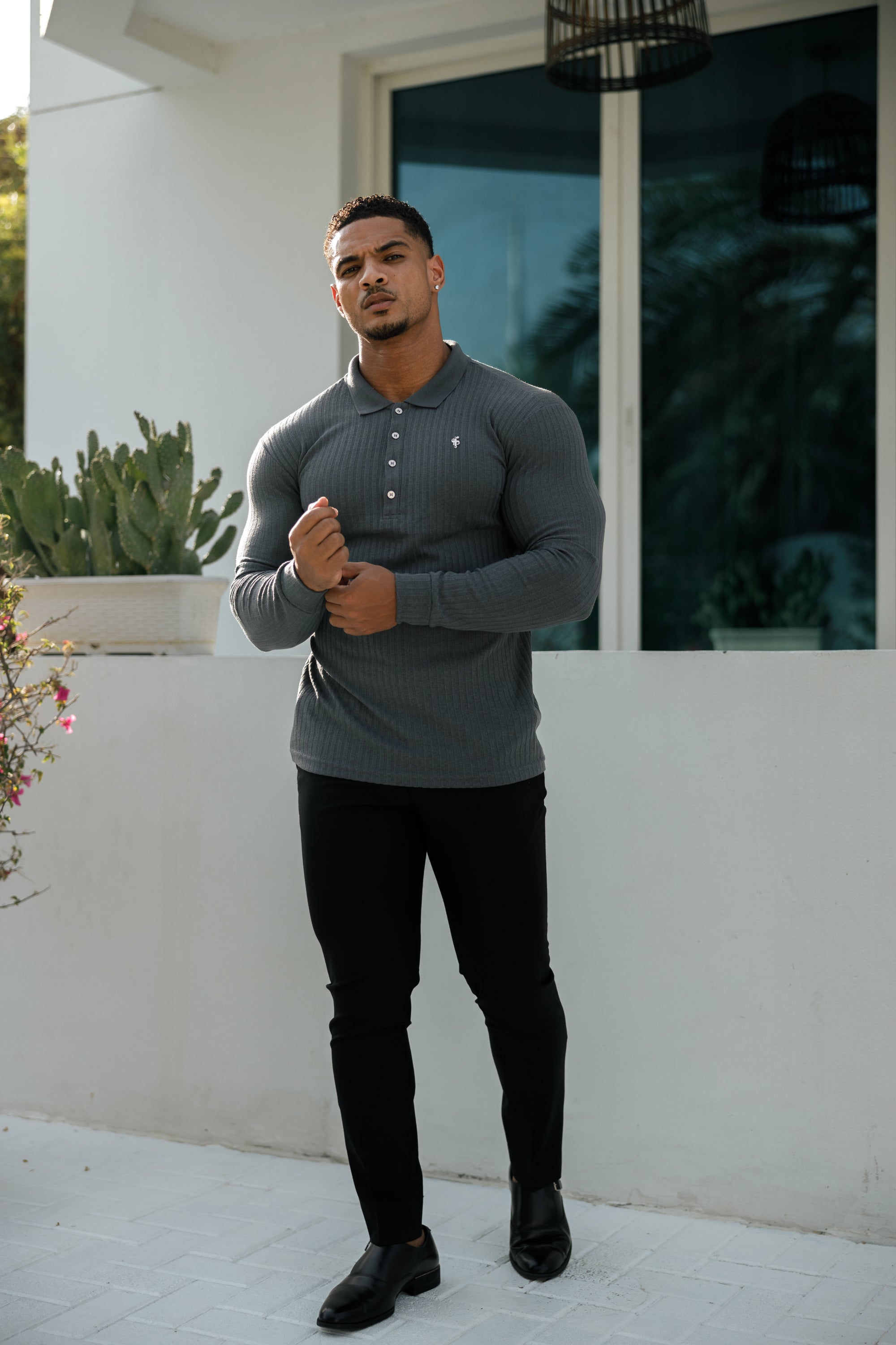 Classic Charcoal Ribbed Polo Shirt Long Sleeve With Silver Decal - FSH971